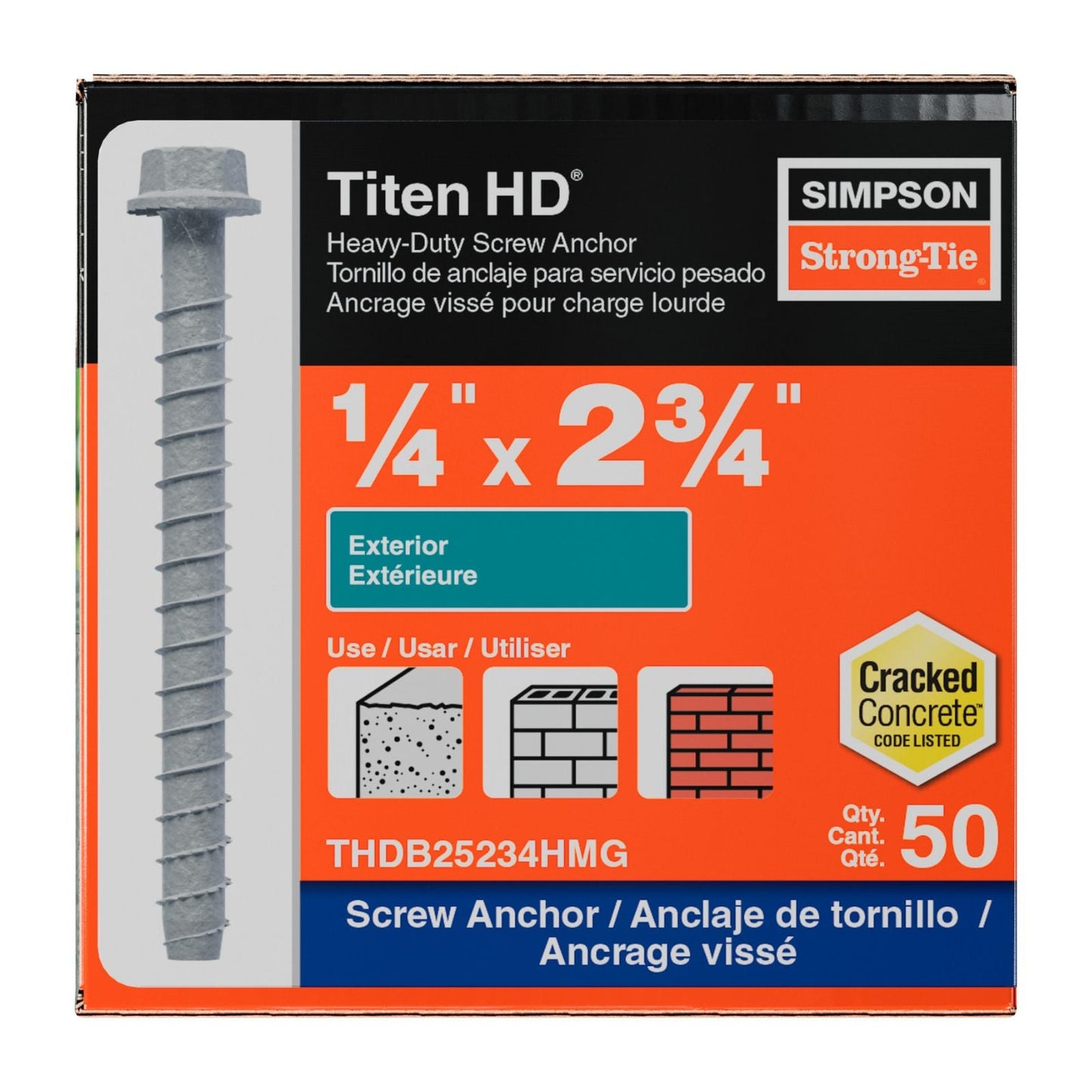 Simpson Strong-Tie 1/4" x 2-3/4" Titen HD Heavy-Duty Concrete Screw Anchor - Mechanically Galvanized | Qty. 50