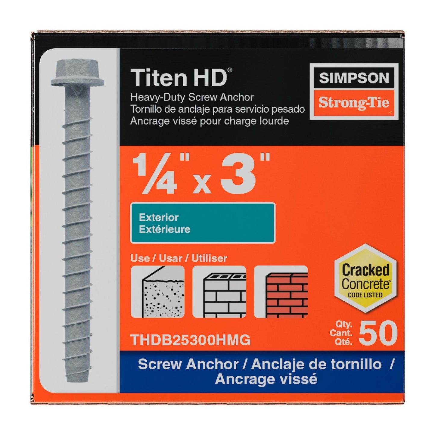 Simpson Strong-Tie 1/4" x 3" Titen HD Heavy-Duty Concrete Screw Anchor - Mechanically Galvanized | Qty. 50