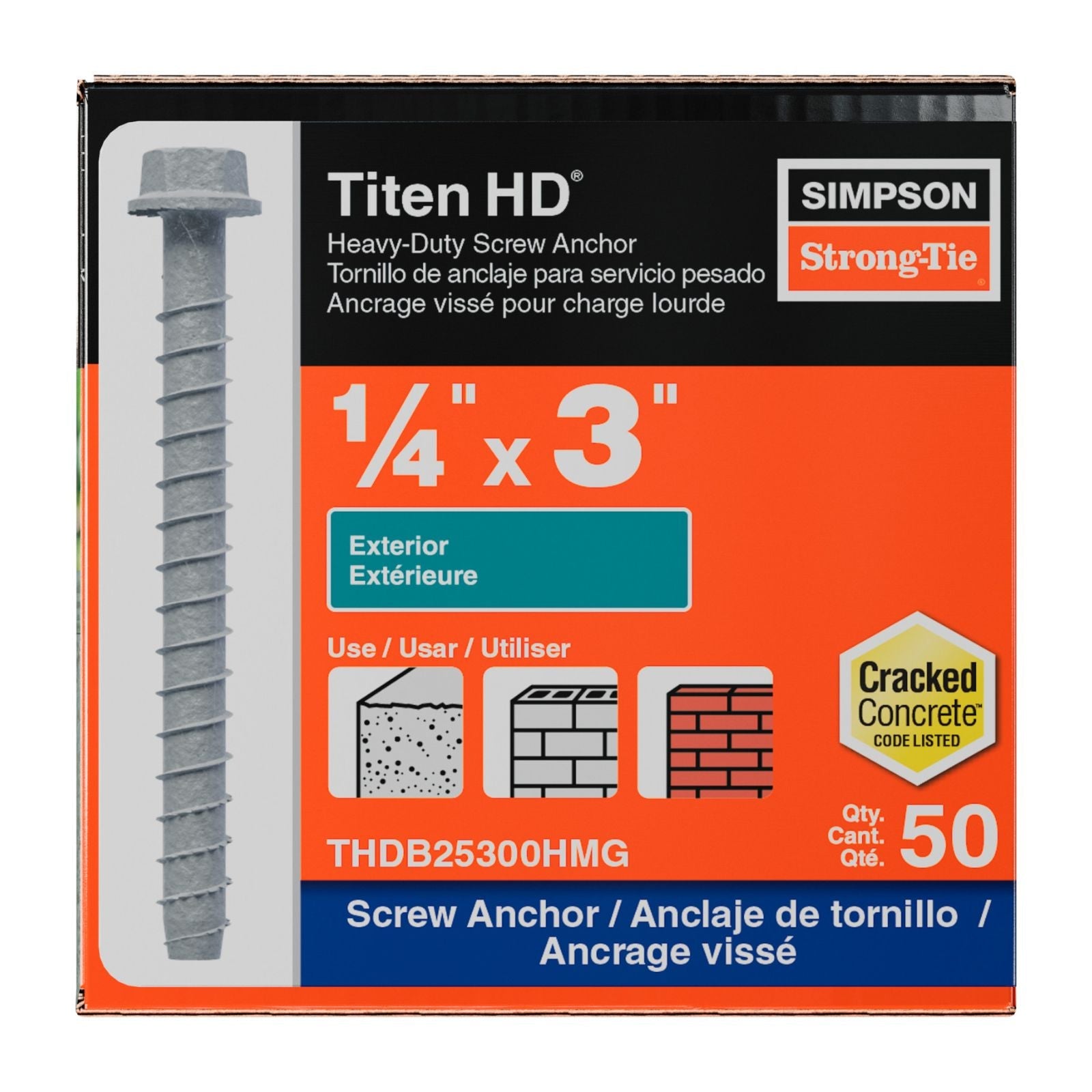 Simpson Strong-Tie 1/4" x 3" Titen HD Heavy-Duty Concrete Screw Anchor - Mechanically Galvanized | Qty. 50