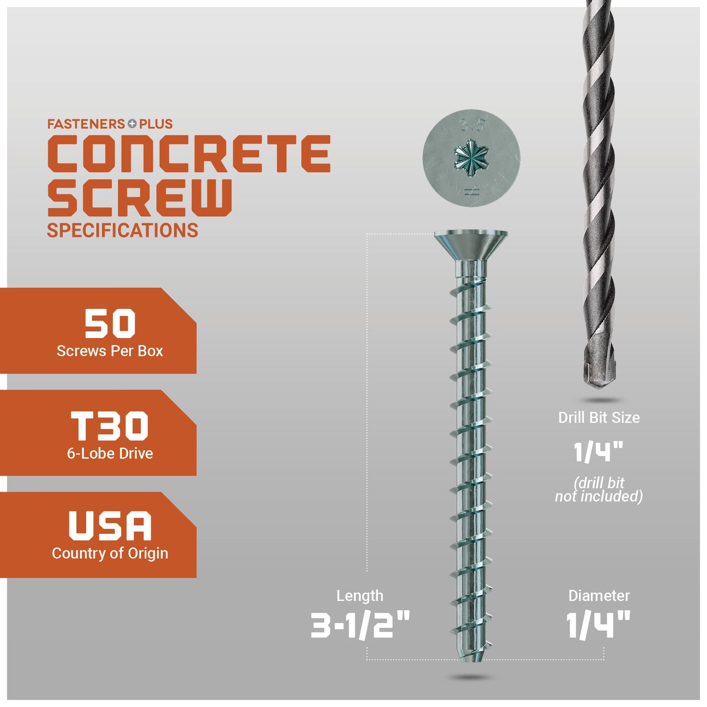 Concrete screw with specifications on a gray background