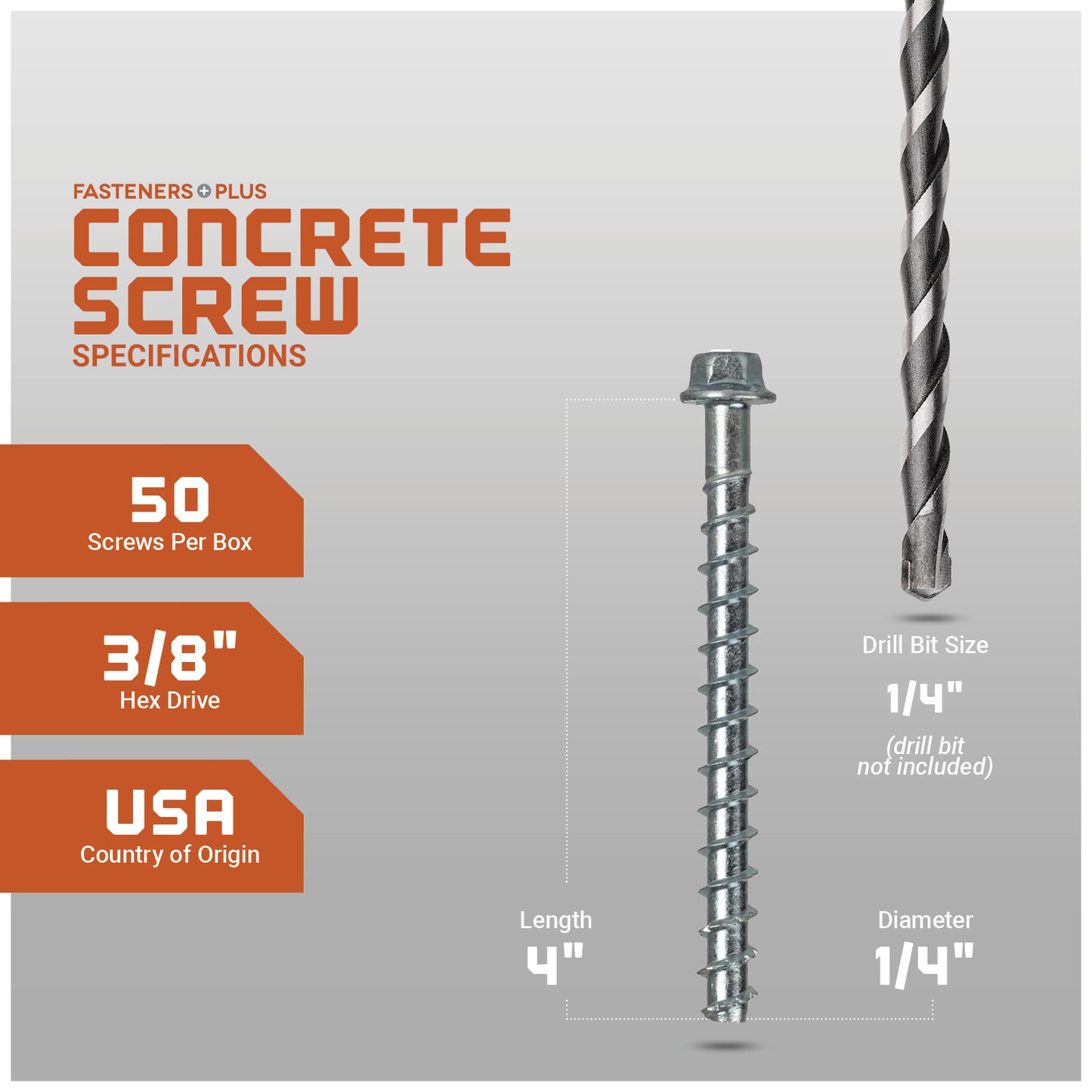 Concrete screw with specifications on a gray background