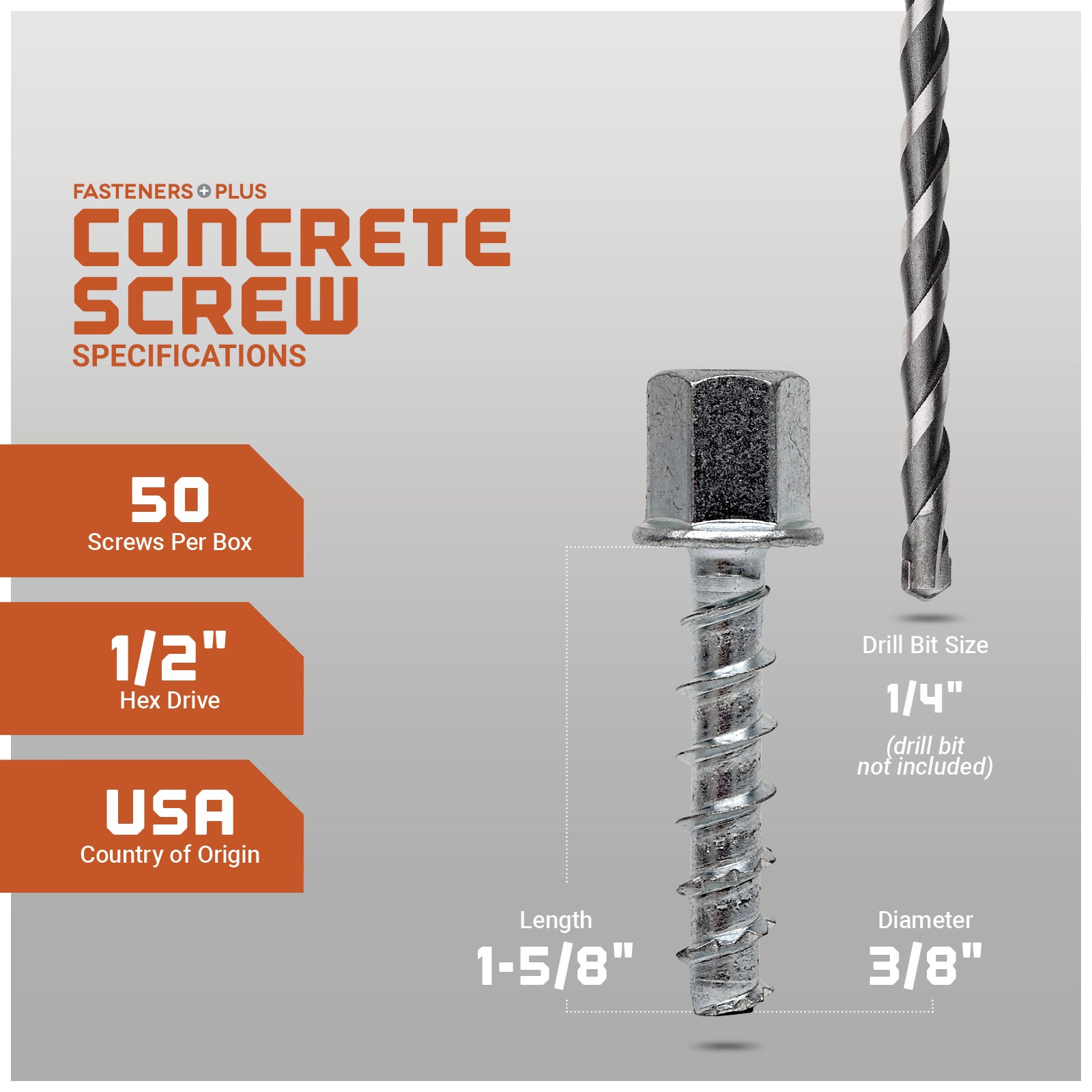 Concrete screw with specifications on a gray background