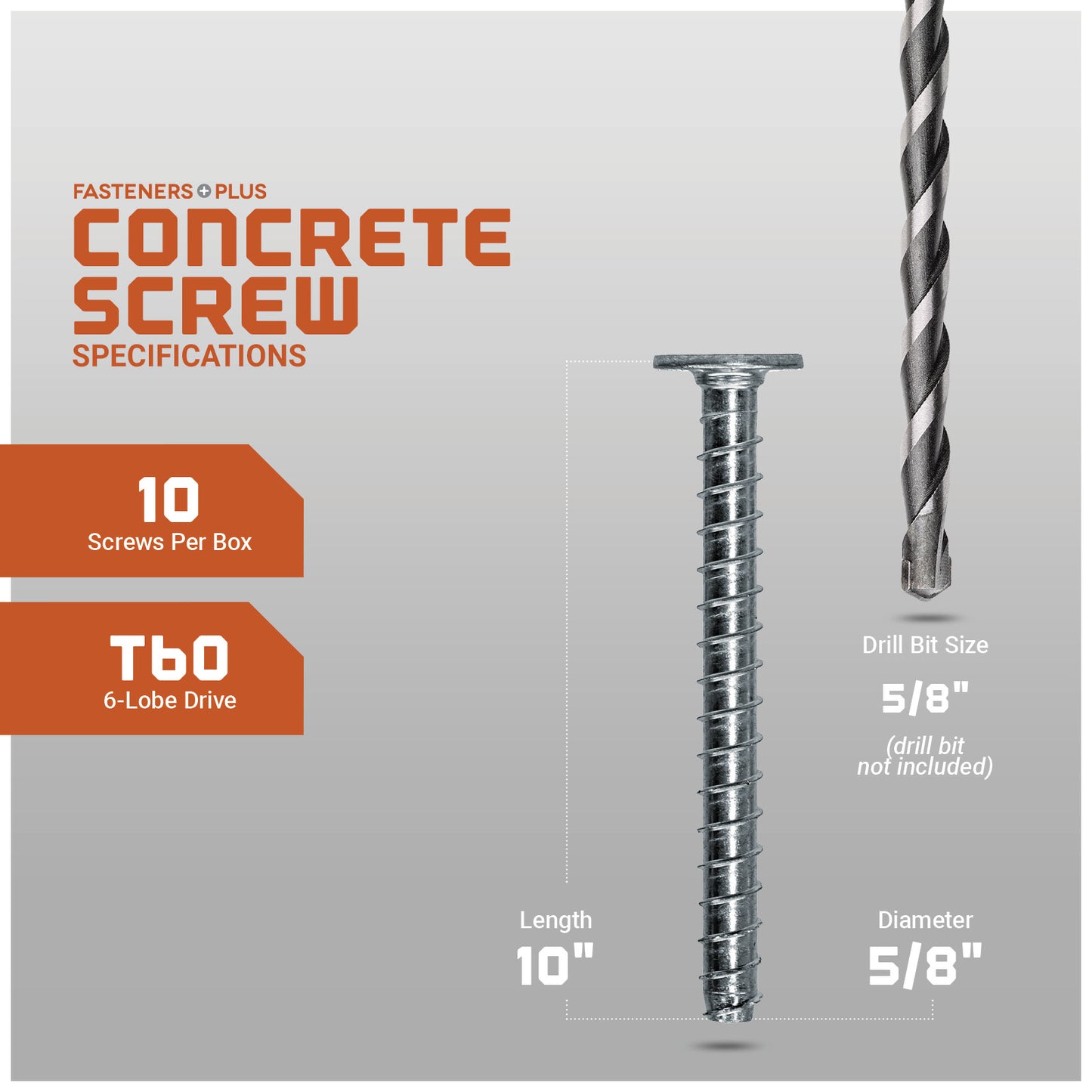 Concrete screw with drill bit on a gray background, showing specifications.