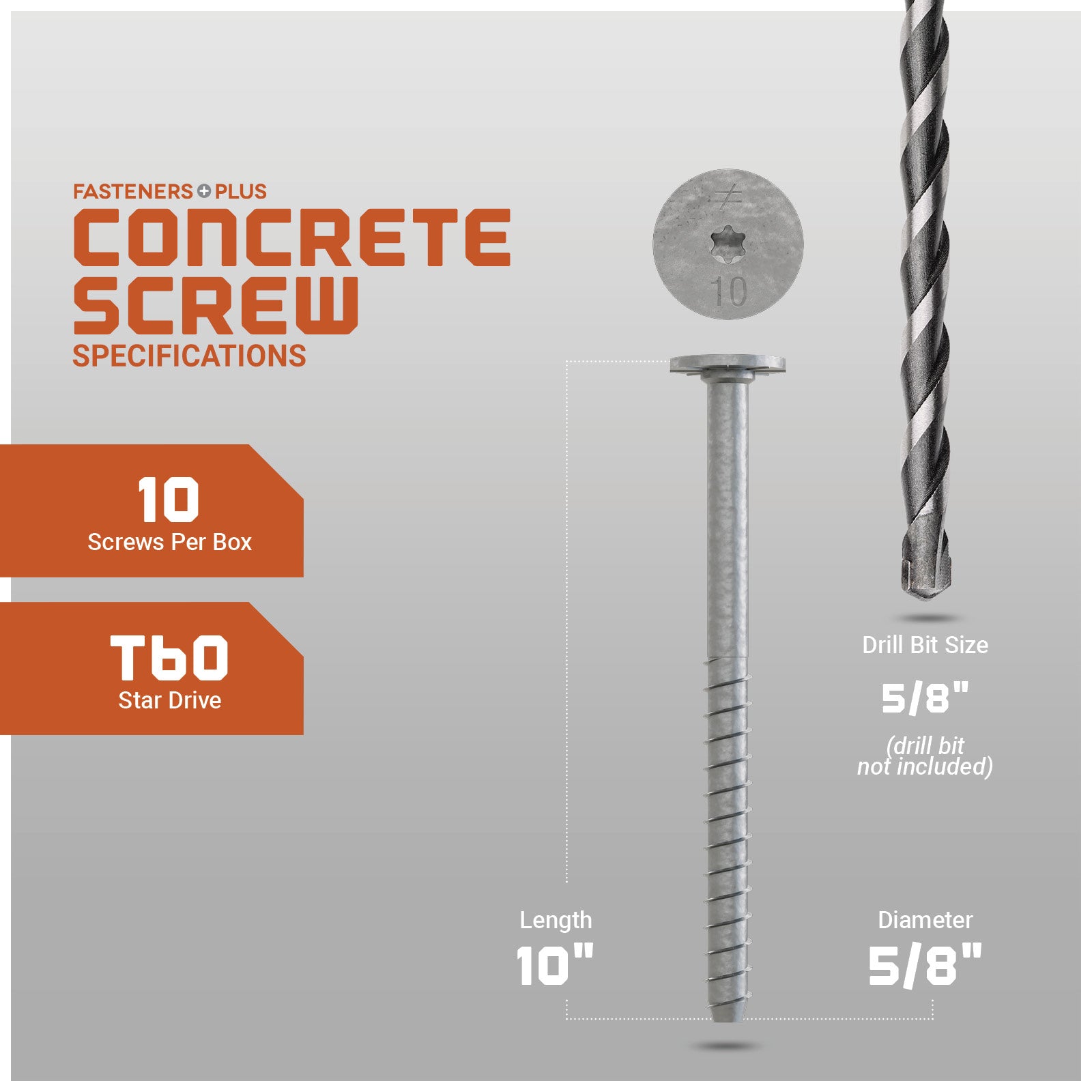 Concrete screw with drill bit on a gray background, featuring specifications.
