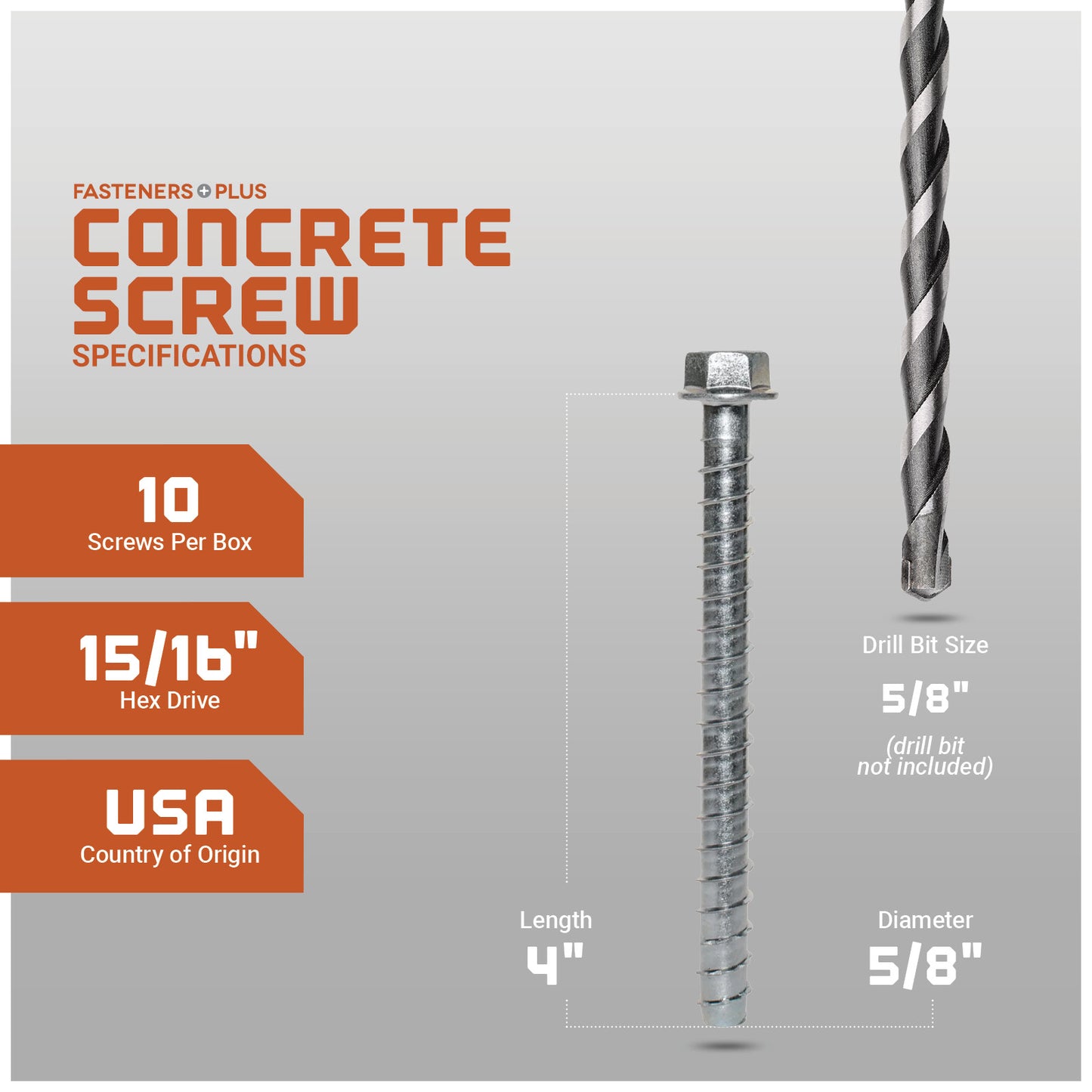 Concrete screw with drill bit on a gray background, showing specifications.
