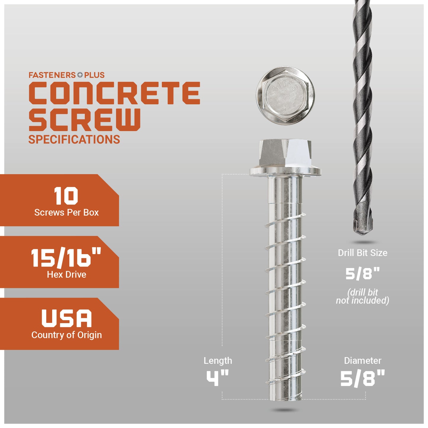 Concrete screw with specifications on a gray background