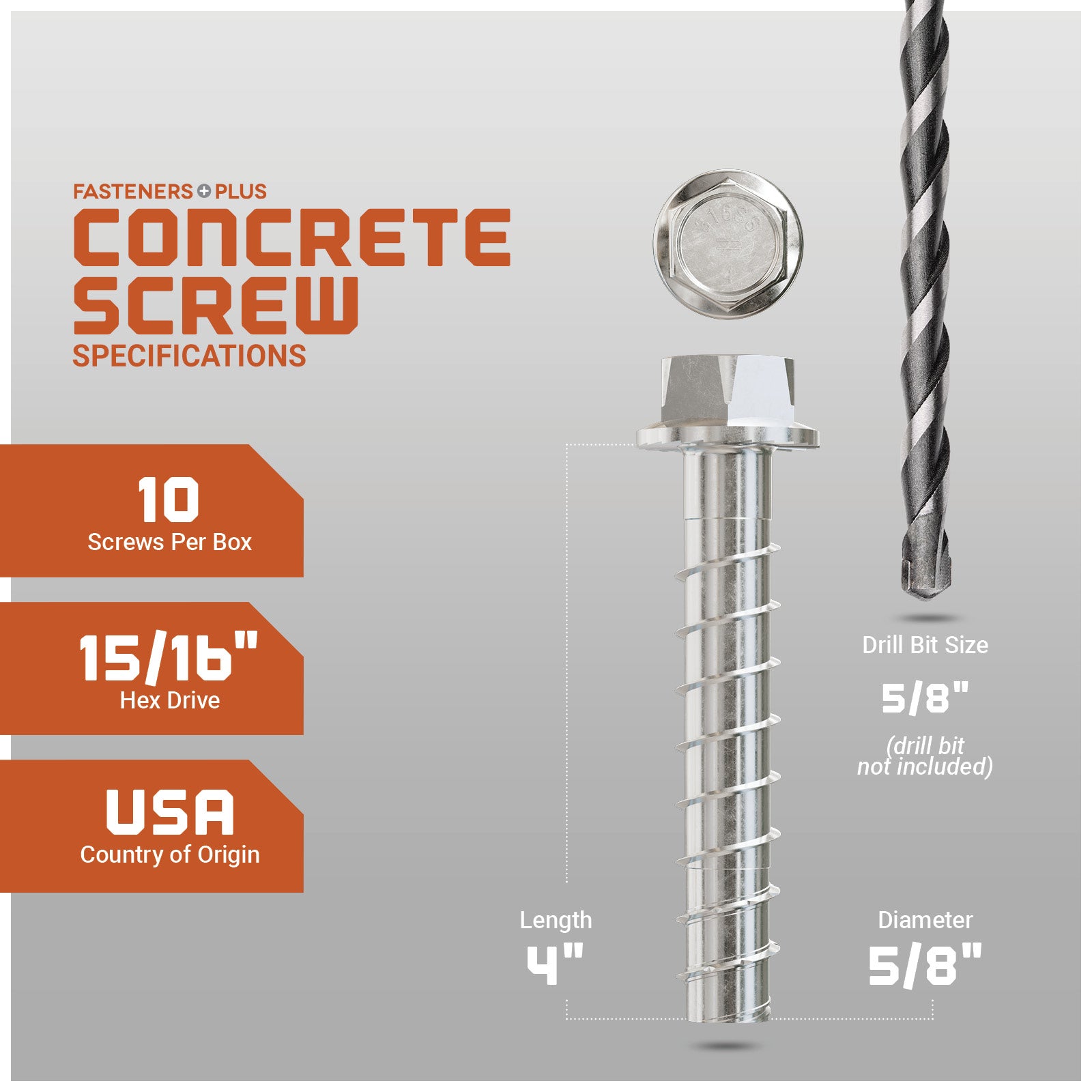 Concrete screw with specifications on a gray background