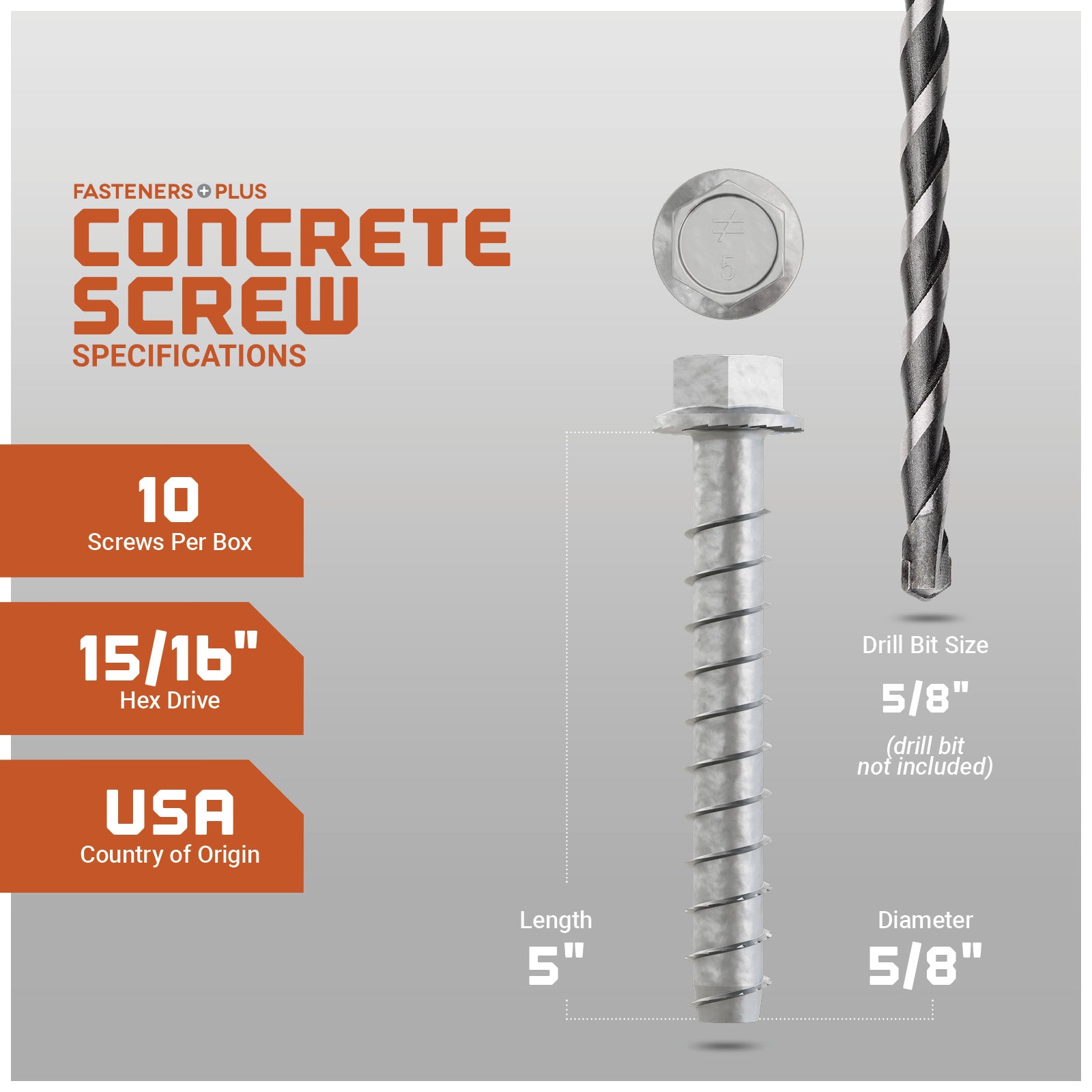 Concrete screw with drill bit on a gray background, featuring specifications.
