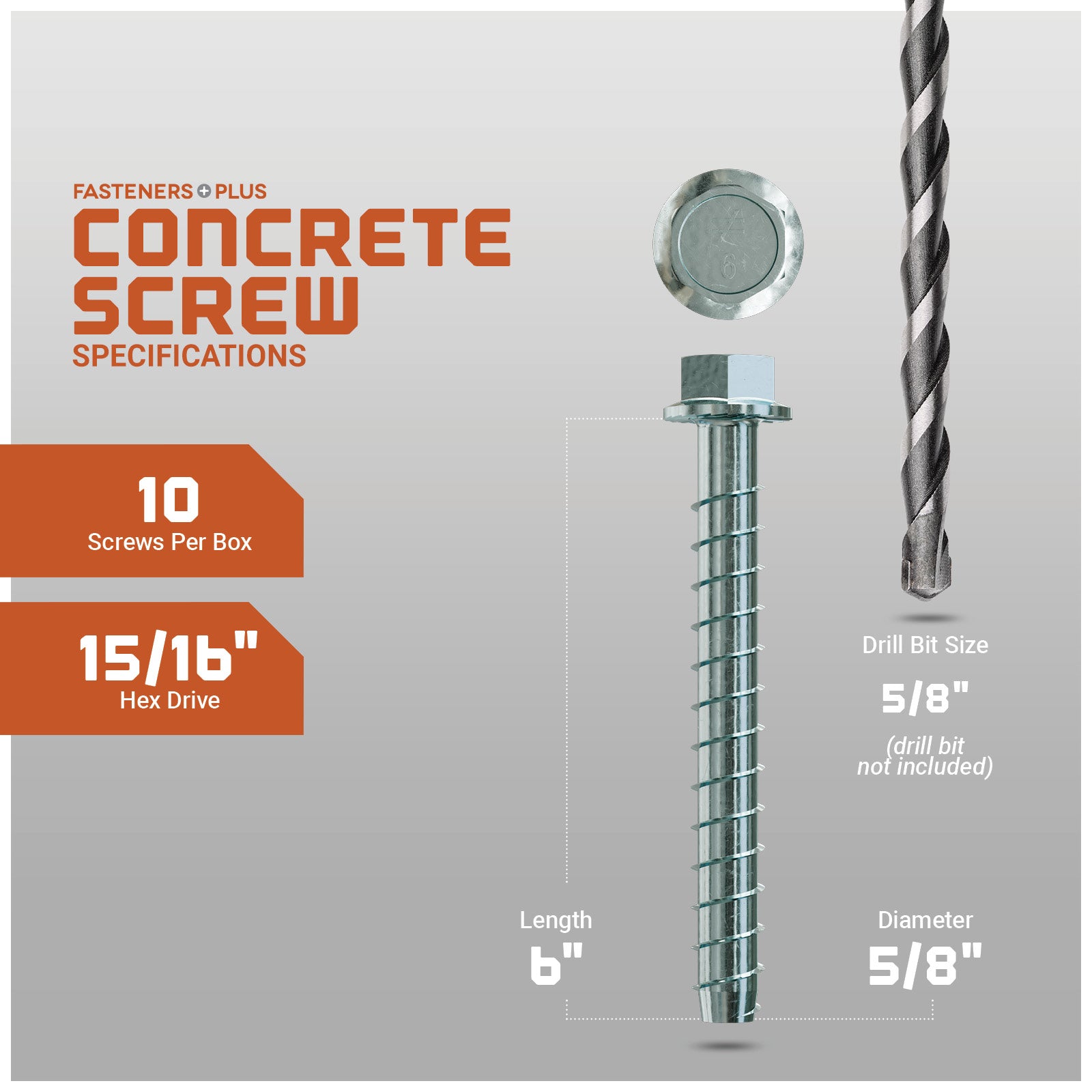 Concrete screw with drill bit on a gray background, featuring specifications.