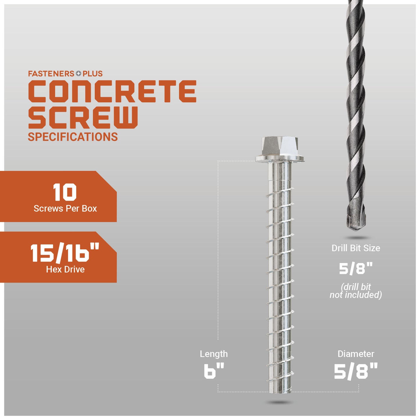 Concrete screw with specifications on a gray background