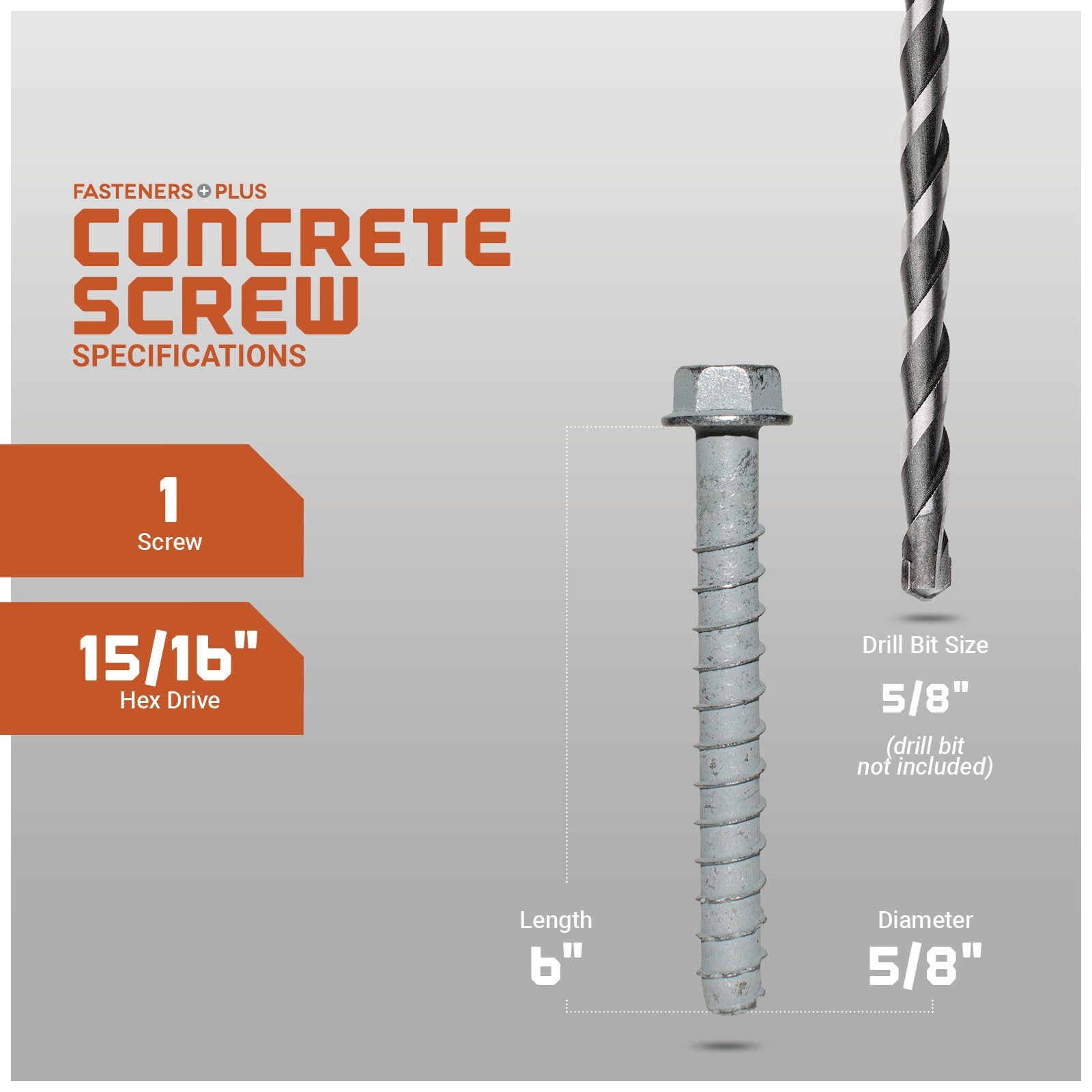 Concrete screw with drill bit specifications on a gray background