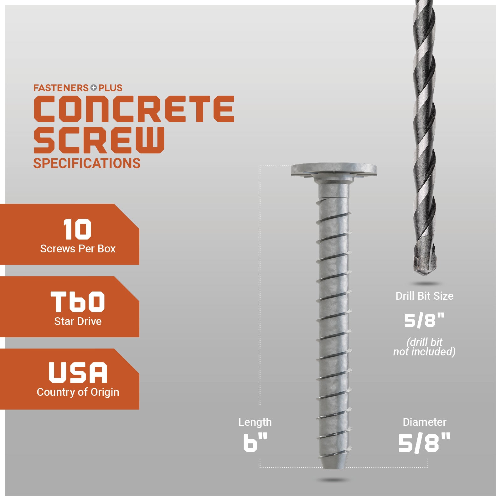 Concrete screw with specifications on a gray background