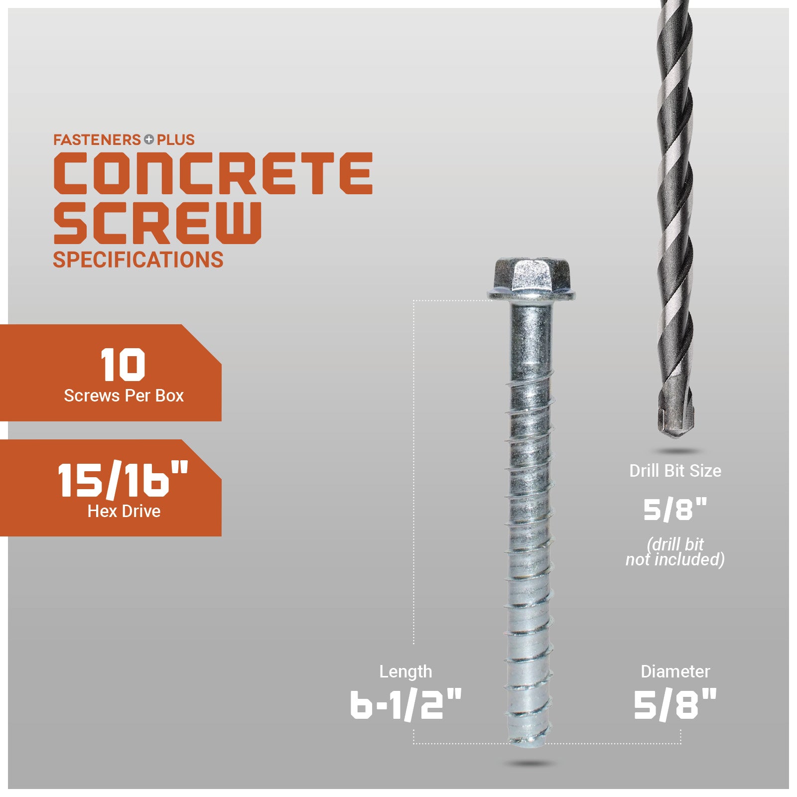 Concrete screw with drill bit and specifications on a gray background