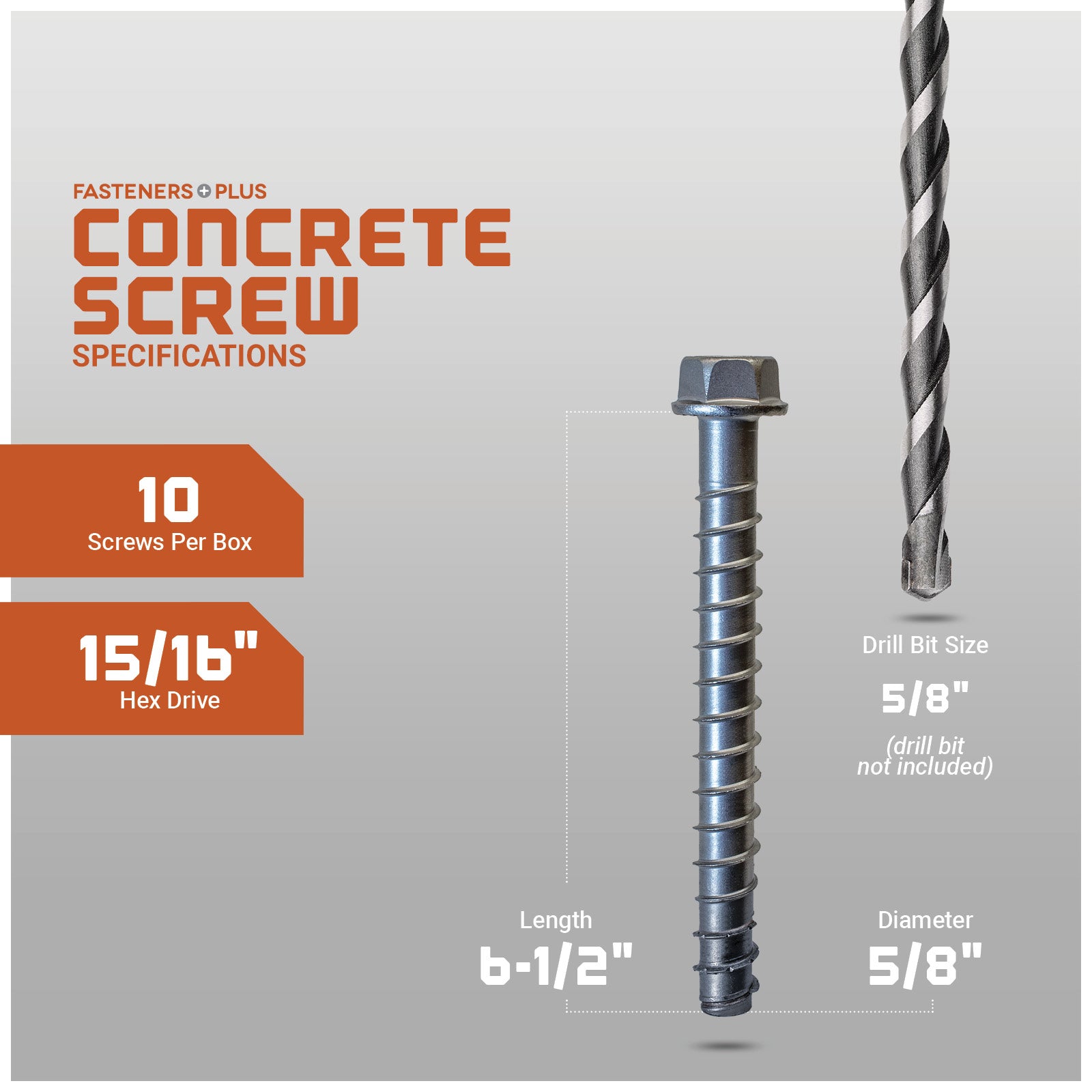 Concrete screw with specifications on a gray background