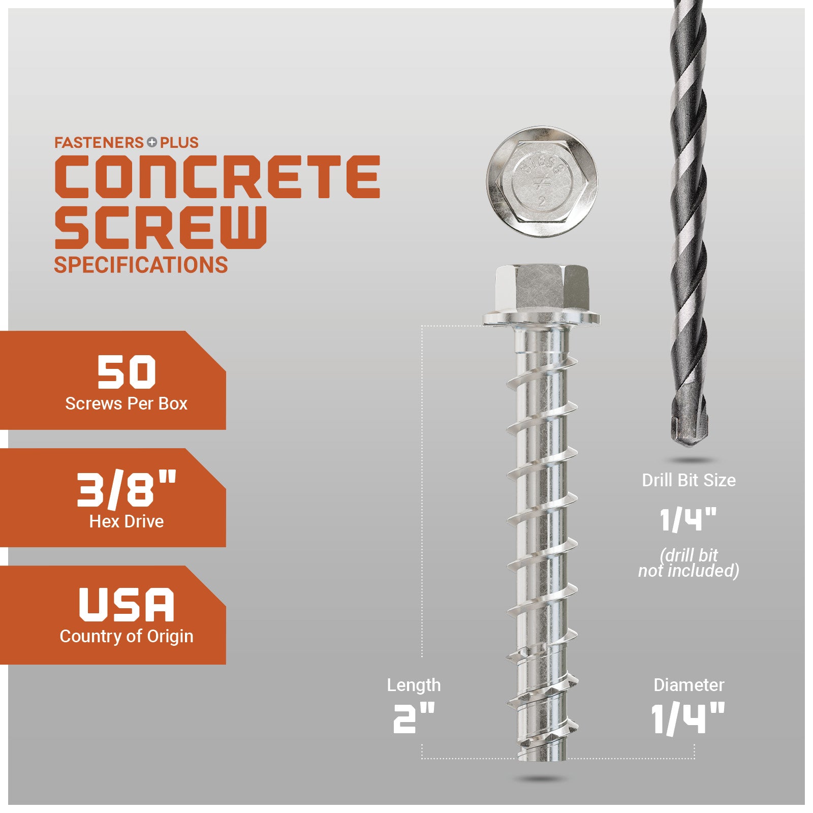 Concrete screw with specifications on a gray background