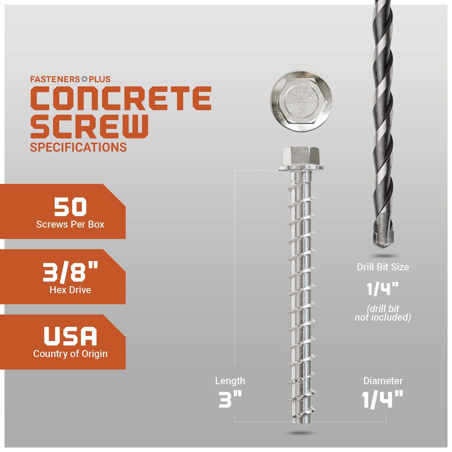 Concrete screw with specifications on a gray background