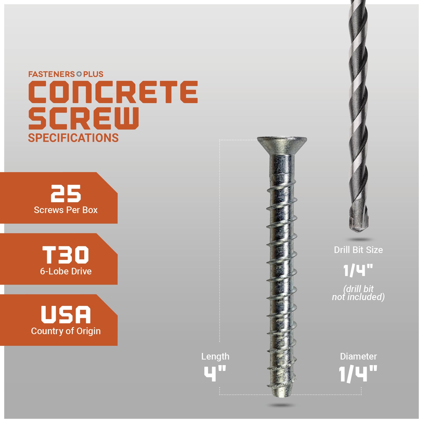 Concrete screw with drill bit specifications on a gray background