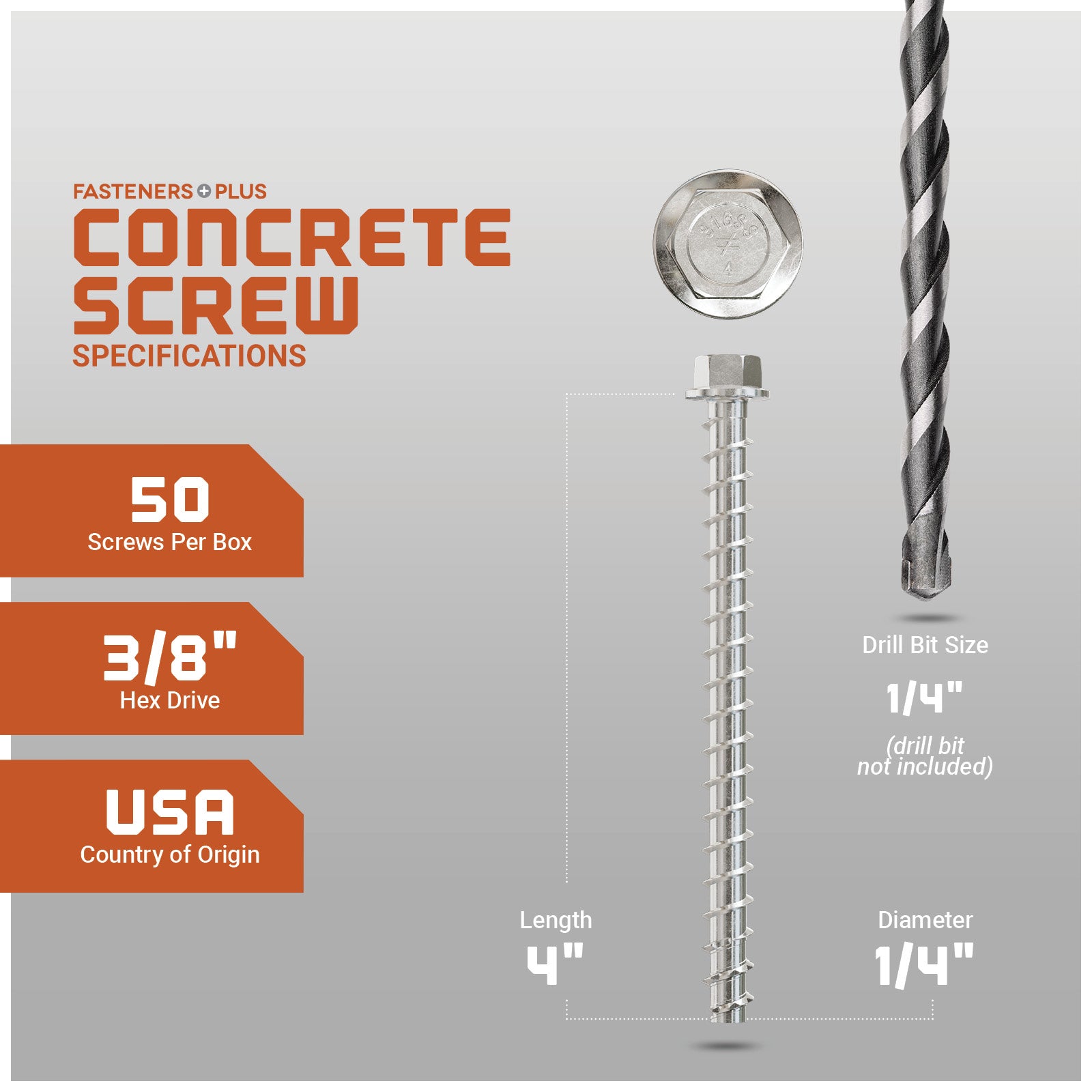 Concrete screw with drill bit on a gray background, featuring specifications.
