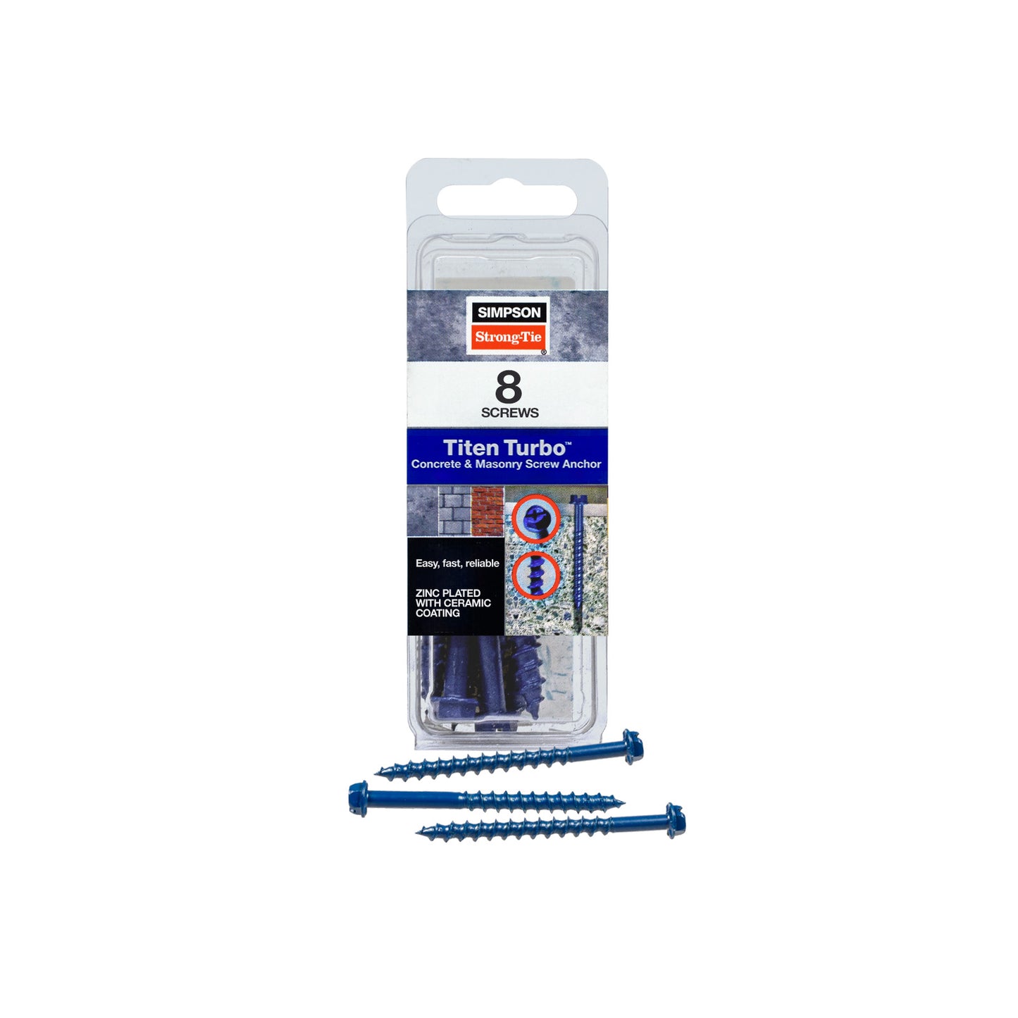 1/4"-2-1/4" Strong-Tie Hex Head Titen Turbo Screw Anchor, Blue Zinc, Pkg 8