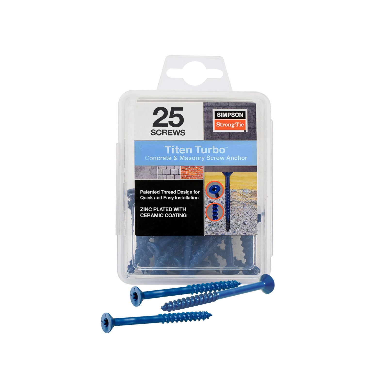1/4"-2-3/4" Strong-Tie Flat Head Titen Turbo Screw Anchor, Blue Zinc, Pkg 25