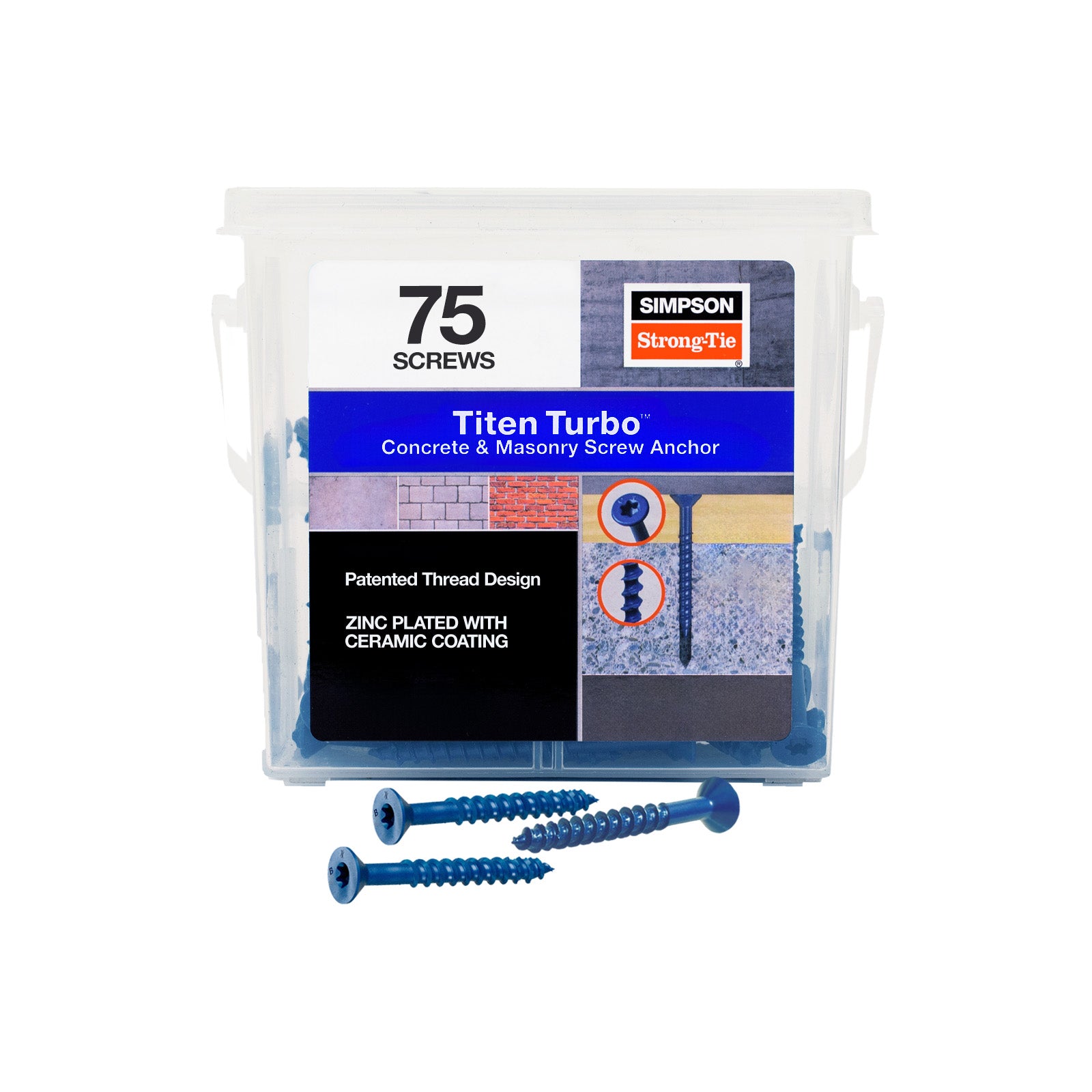 1/4"-2-1/4" Strong-Tie Flat Head Titen Turbo Screw Anchor, Blue Zinc, Pkg 75