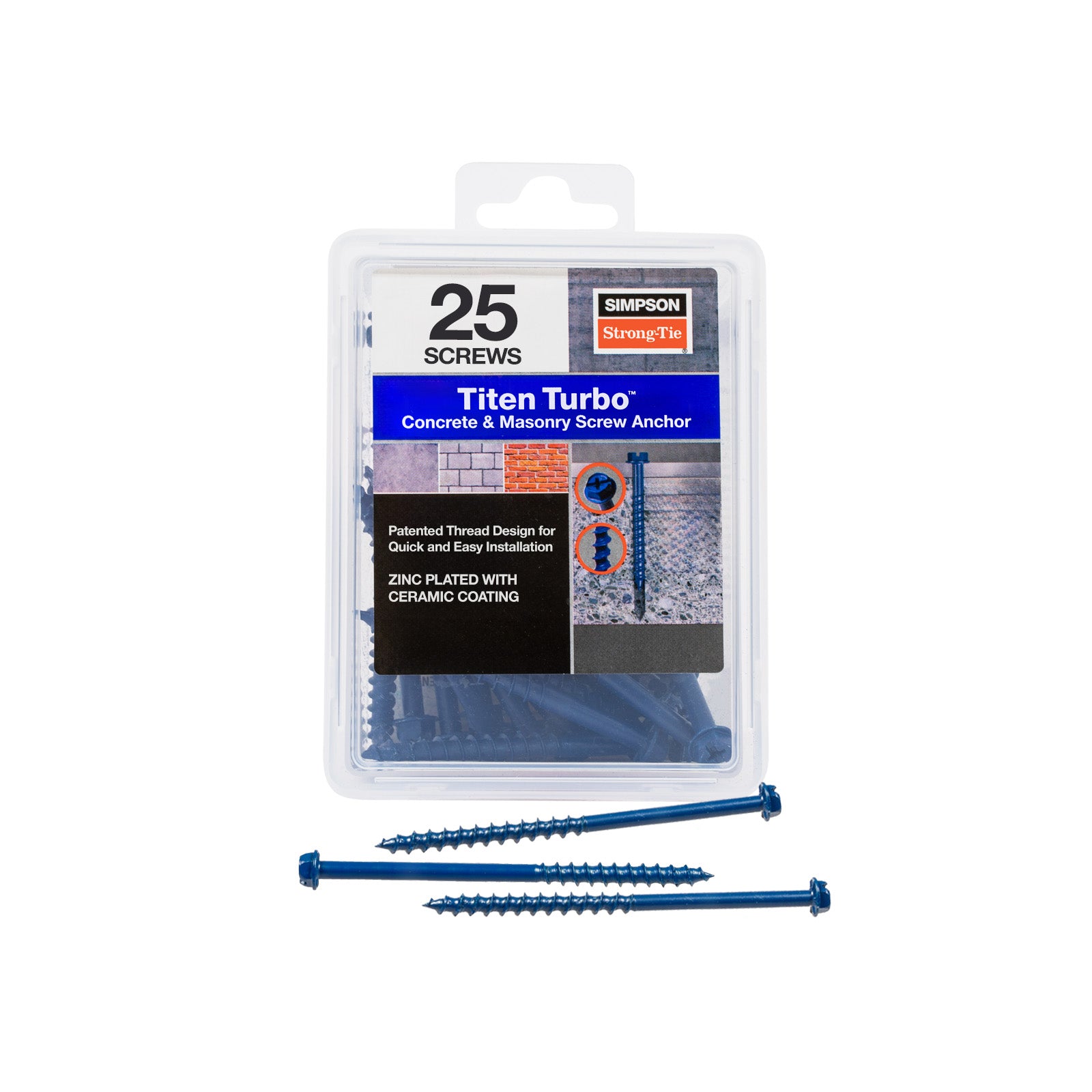 1/4" x 4" Strong-Tie Hex Head  Titen Turbo Screw Anchor, Blue Zinc, Pkg 25