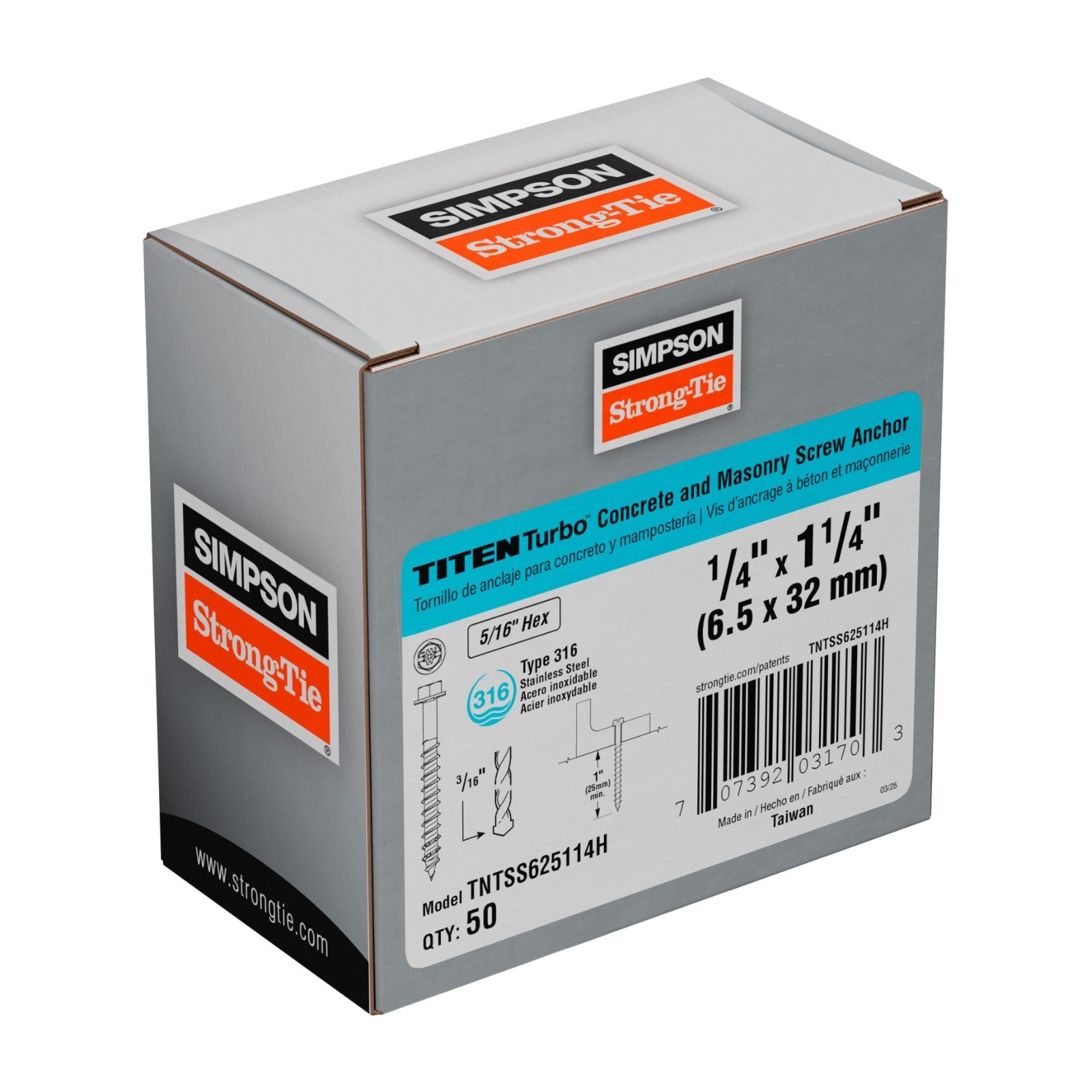 Simpson Strong-Tie Titen Turbo Hex Head Concrete Screw 316 Stainless Steel Packaging