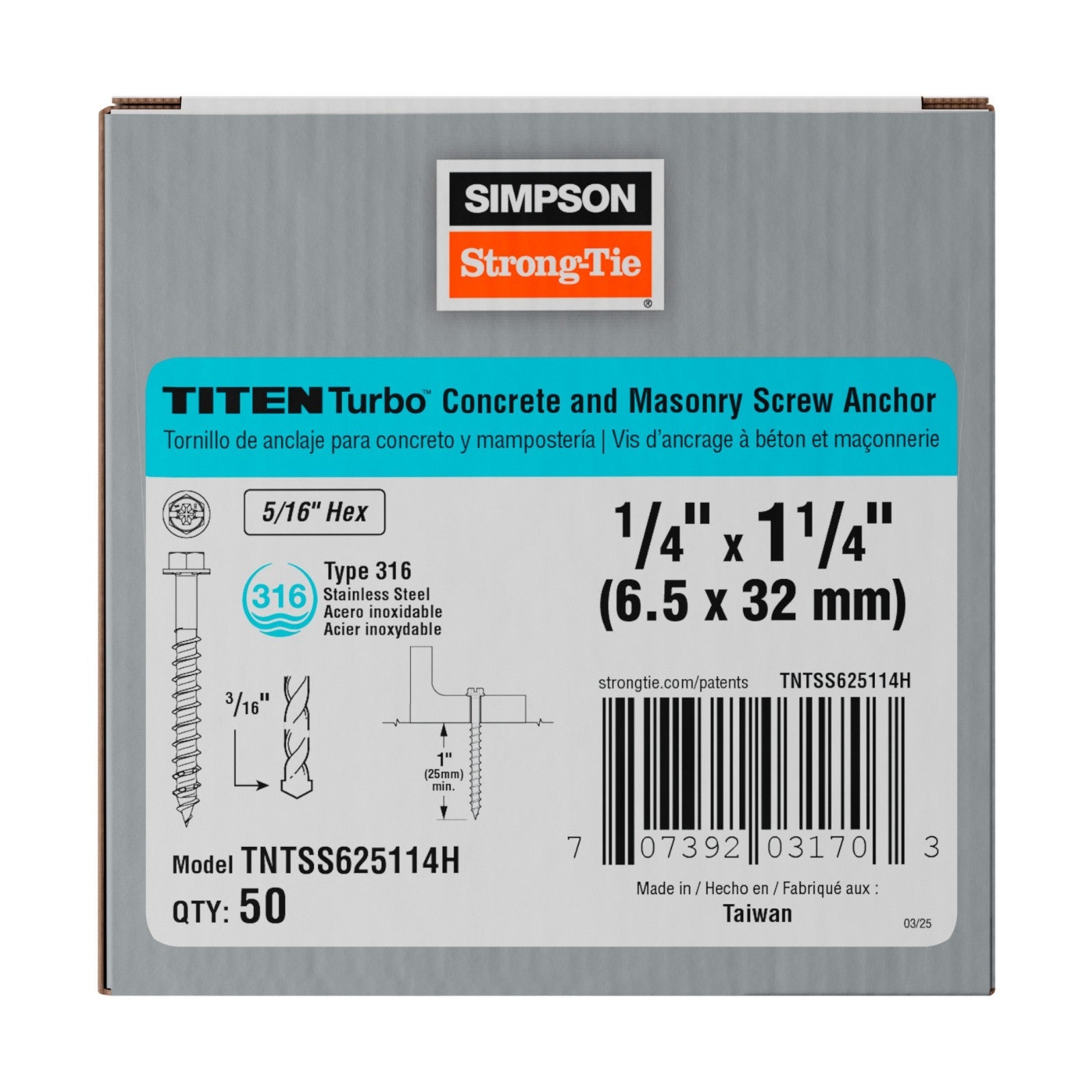 Simpson Strong-Tie Titen Turbo Hex Head Concrete Screw 316 Stainless Steel Packaging