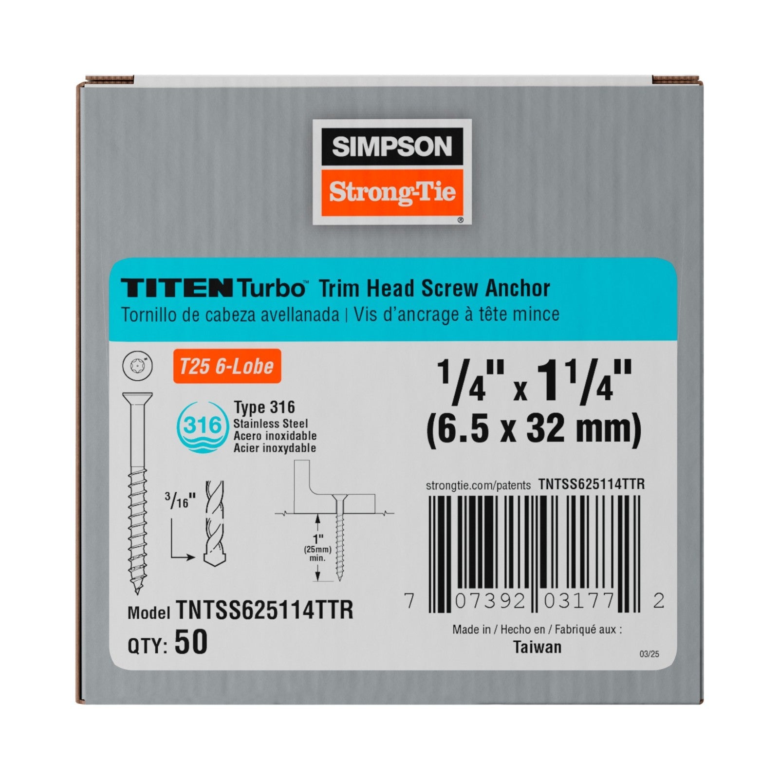 Simpson Strong-Tie Titen Turbo Trim Head Concrete Screw 316 Stainless Steel packaging