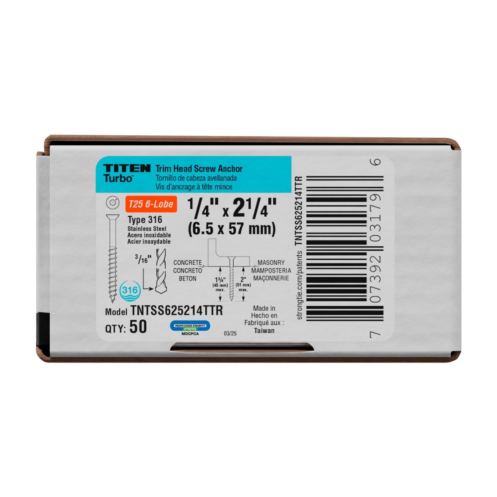 Simpson Strong-Tie Titen Turbo Trim Head Concrete Screw 316 Stainless Steel packaging