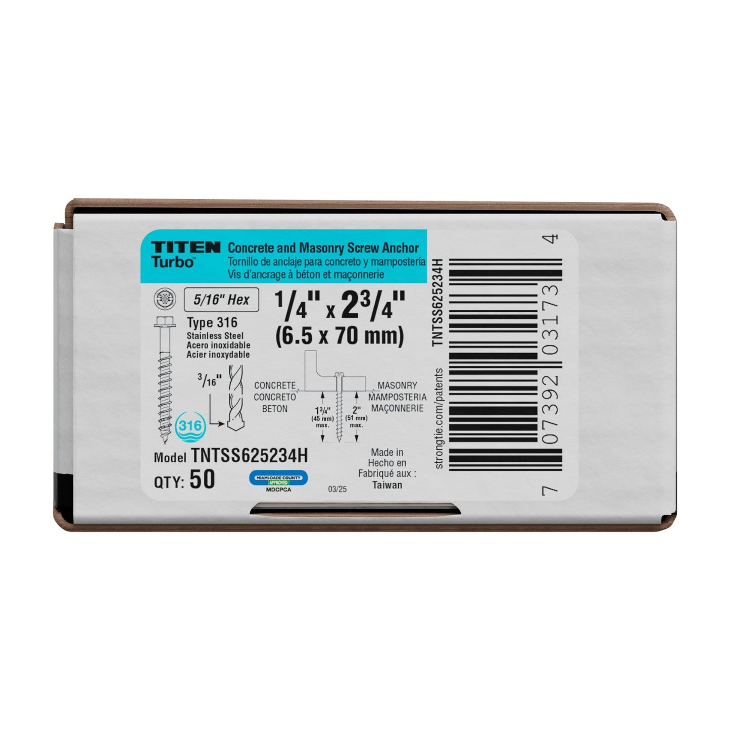 Simpson Strong-Tie Titen Turbo Hex Head Concrete Screw 316 Stainless Steel Packaging