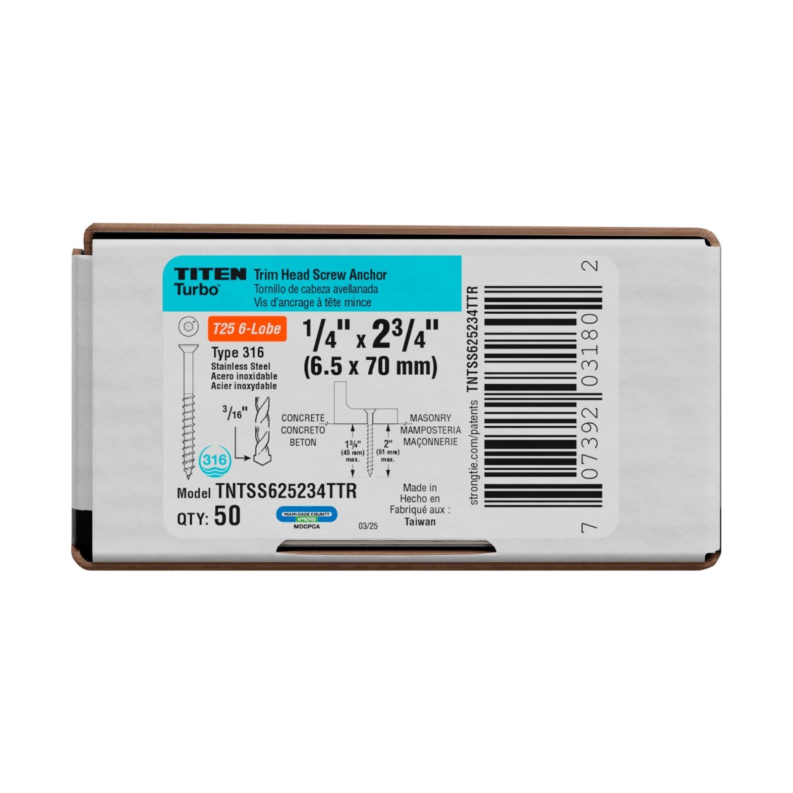 Simpson Strong-Tie Titen Turbo Trim Head Concrete Screw 316 Stainless Steel packaging