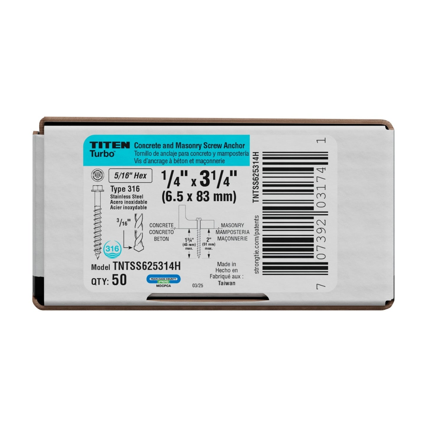 Simpson Strong-Tie Titen Turbo Hex Head Concrete Screw 316 Stainless Steel Packaging