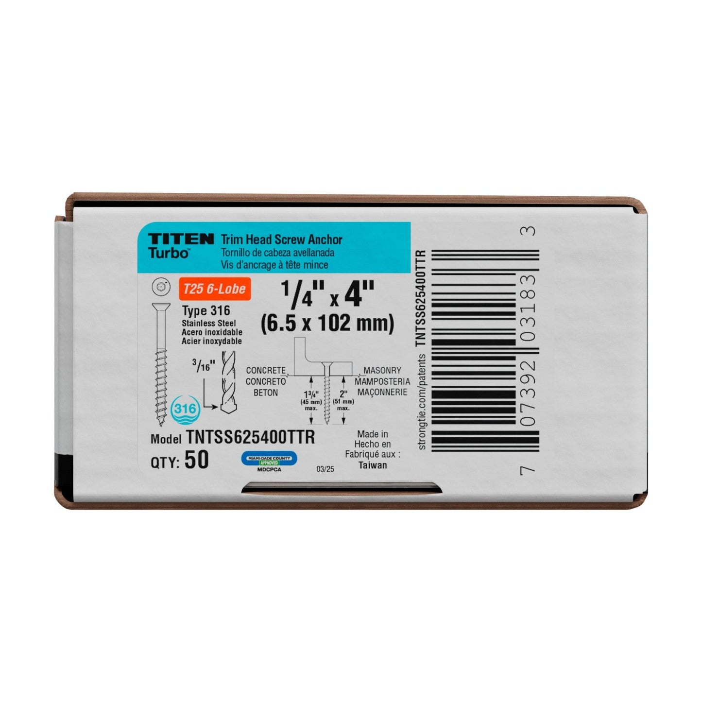 Simpson Strong-Tie Titen Turbo Trim Head Concrete Screw 316 Stainless Steel packaging