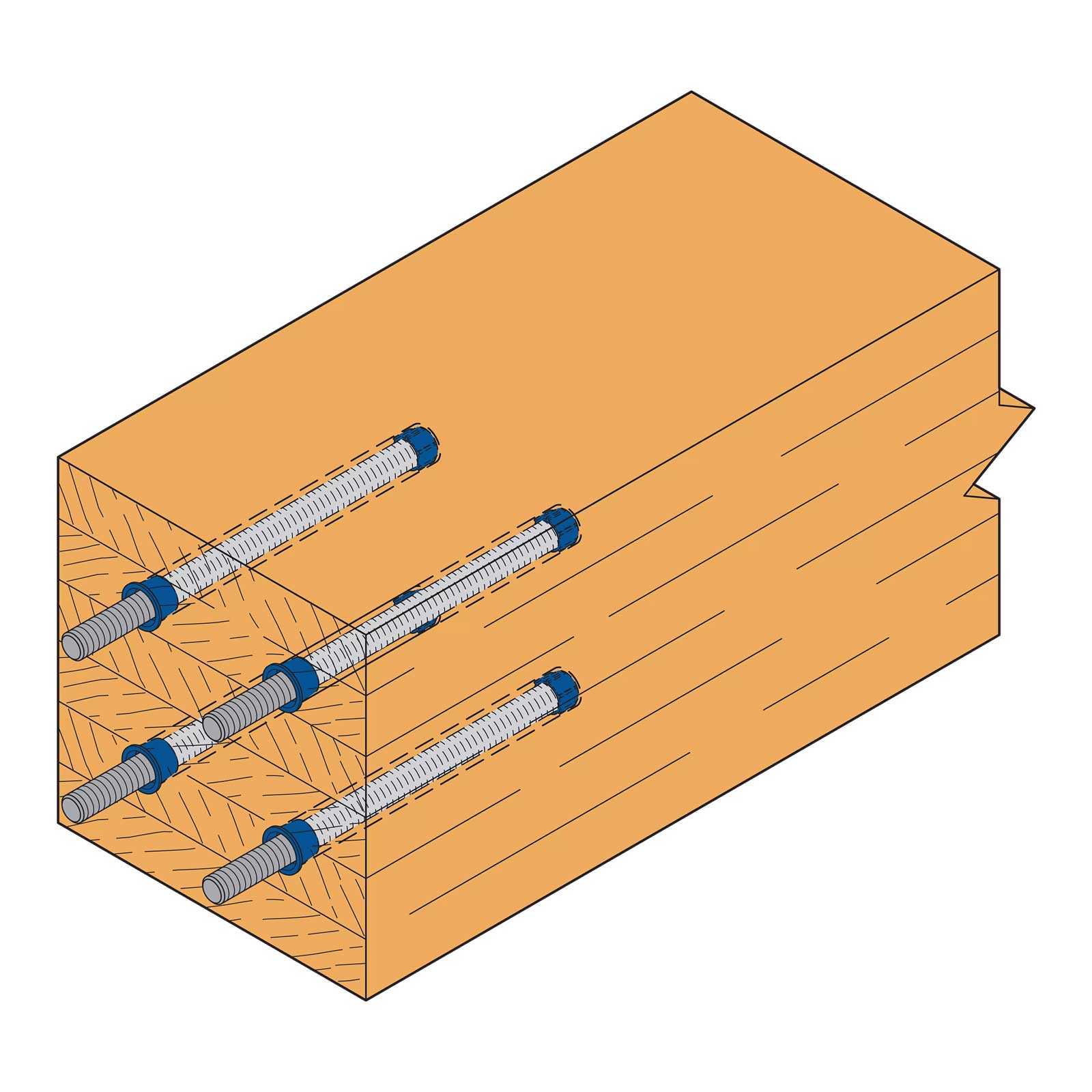Wooden retaining cap with glued in threaded rod embedded in it on a white background