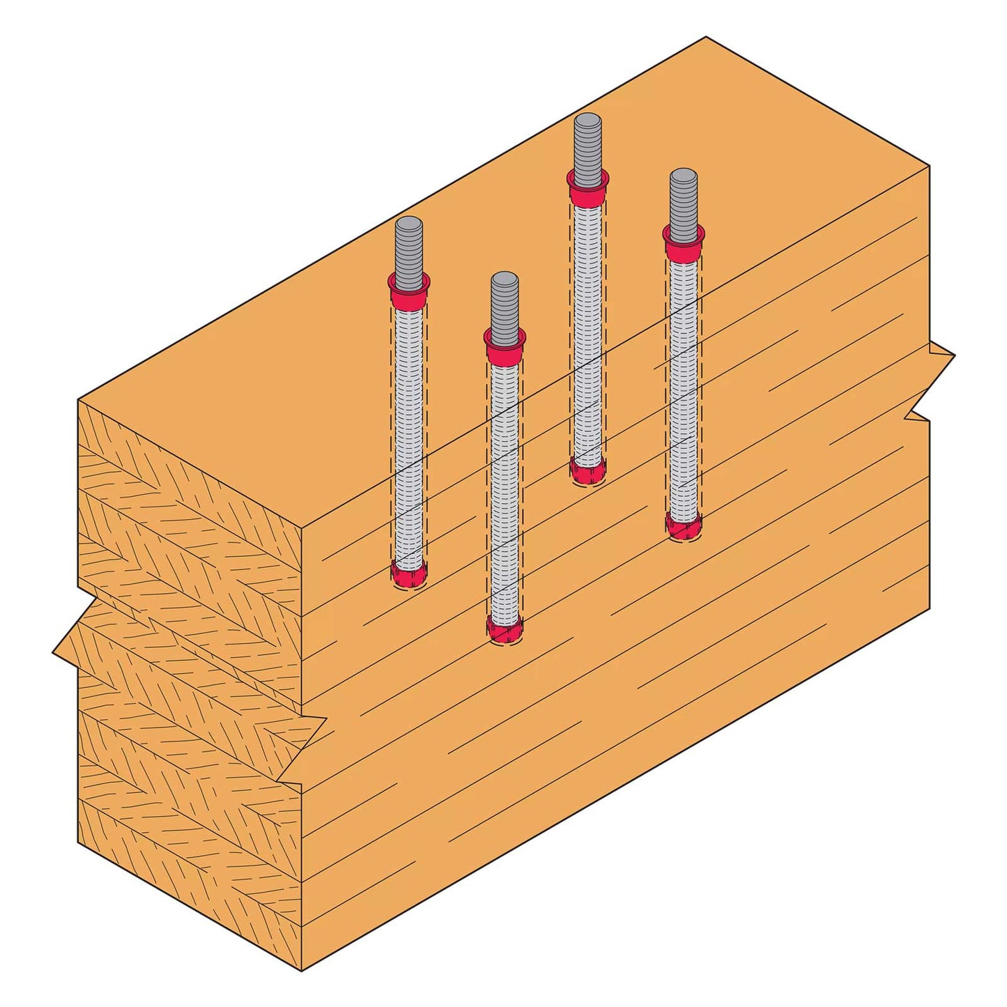 Wooden retaining cap with glued in threaded rod into it on a white background