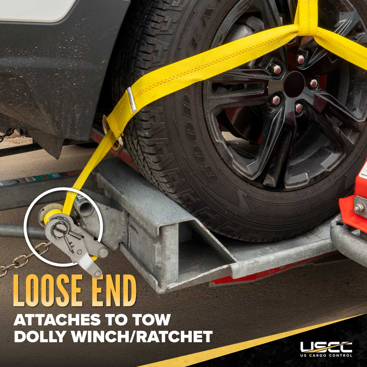 Yellow Adjustable Tow Dolly Strap with 2" Top Strap and Flat Hook - 2 pack
