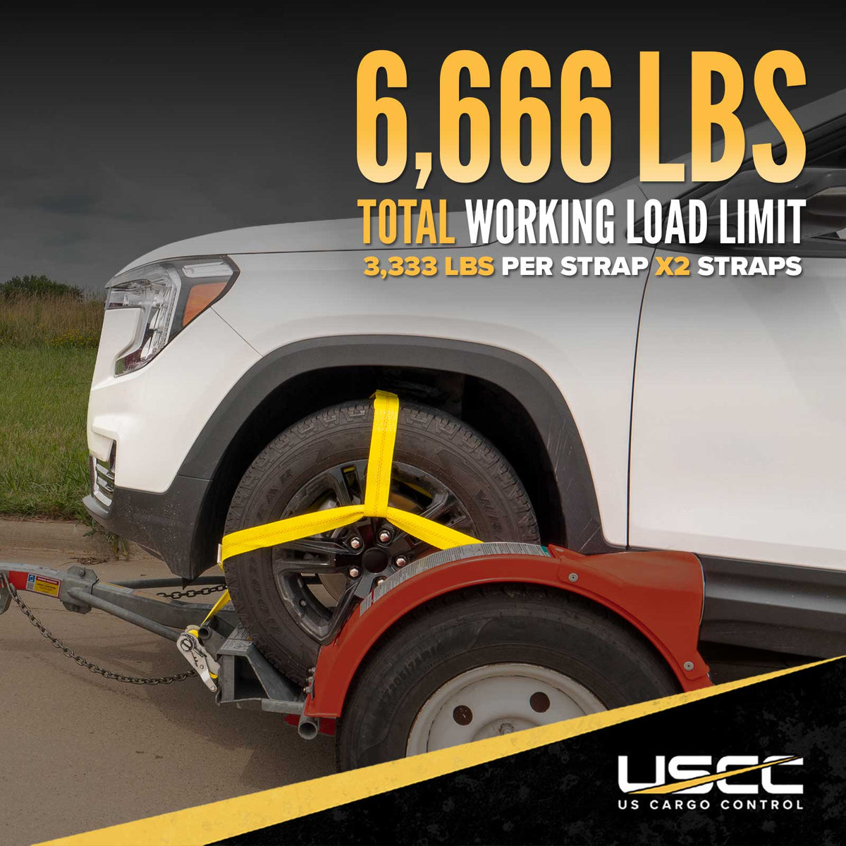 Yellow Adjustable Tow Dolly Strap with 2" Top Strap and Flat Hook - 2 pack