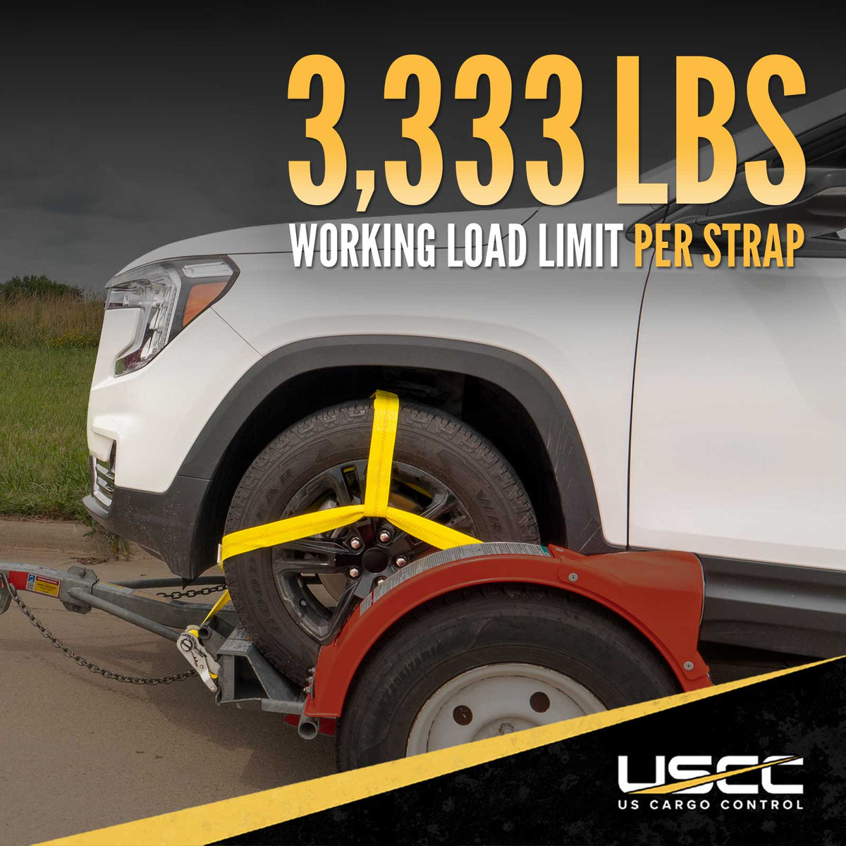 Yellow Adjustable Tow Dolly Strap with 2" Top Strap and Twisted Snap Hook