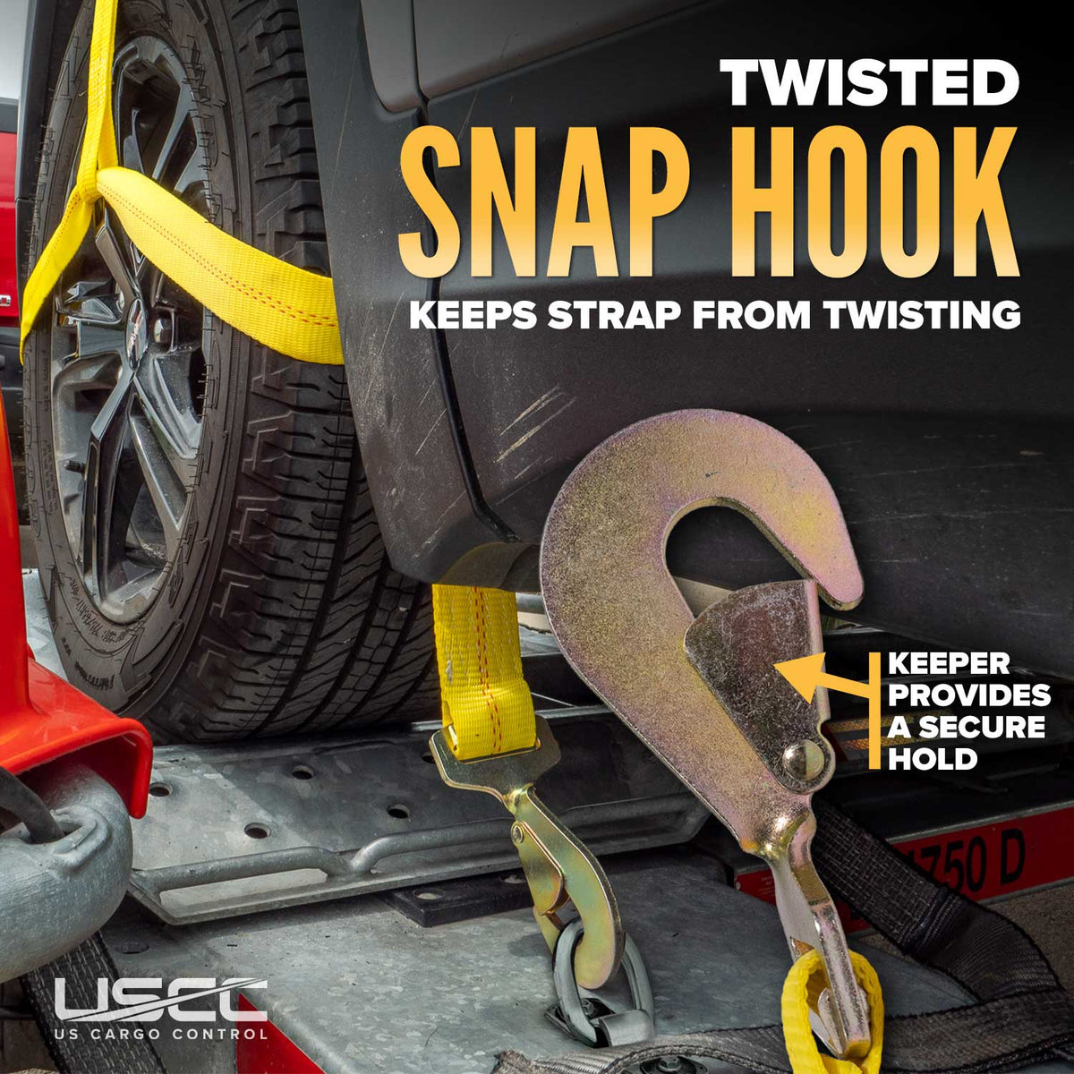 Yellow Adjustable Tow Dolly Strap with 2" Top Strap and Twisted Snap Hook - 2 pack