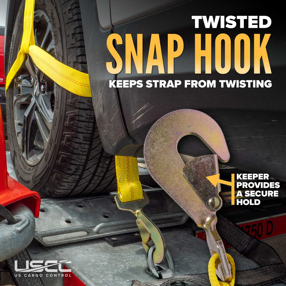 Yellow Adjustable Tow Dolly Strap with 4" Top Strap and Twisted Snap Hook