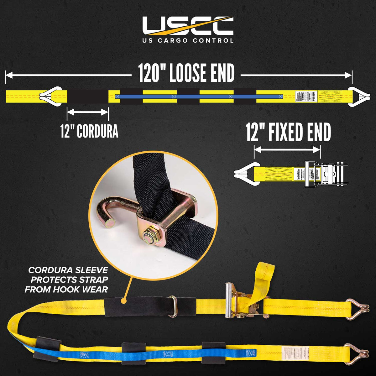 2" x 11' Car Carrier Ratchet Strap w/ Wire Hooks  & 3 Rubber Cleats - 4 Pack