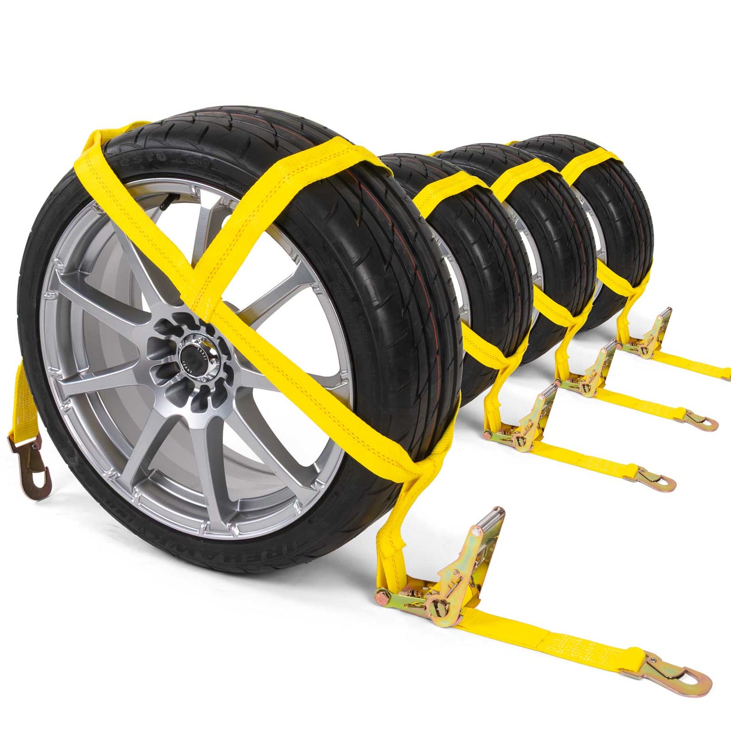 Wheel Net 2" Tire Holder w/ Ratchet Strap & Flat Snap Hooks - 4 Pack