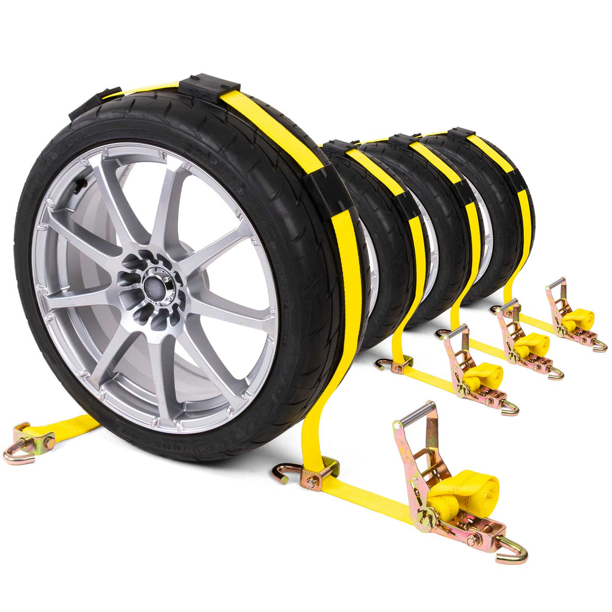 Car Carrier Wheel Strap w/ Swivel Hooks & Adj. Rubber Blocks & Ratchet - 4 Pack