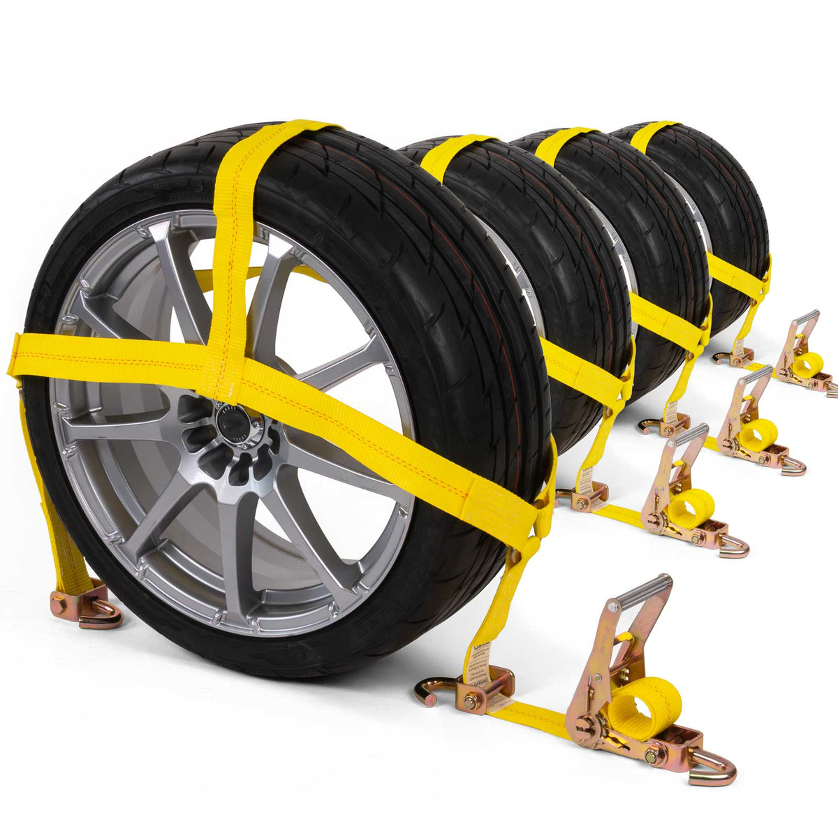 Car Carrier Tire Holder Basket Straps w/ Swivel Hooks & Ratchet - 4 Pack