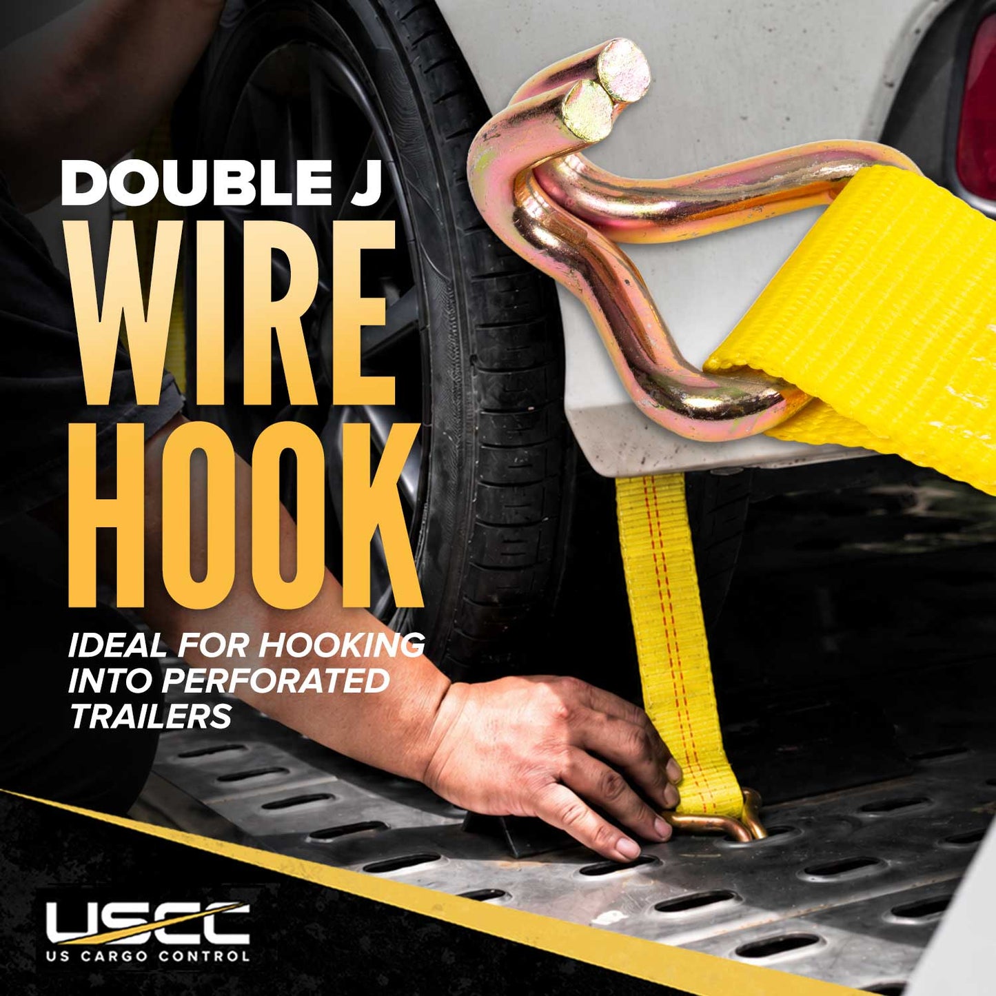 Car Carrier Wheel Strap w/ Wire Hooks & Adj Rubber Blocks & Ratchet - 4 Pack