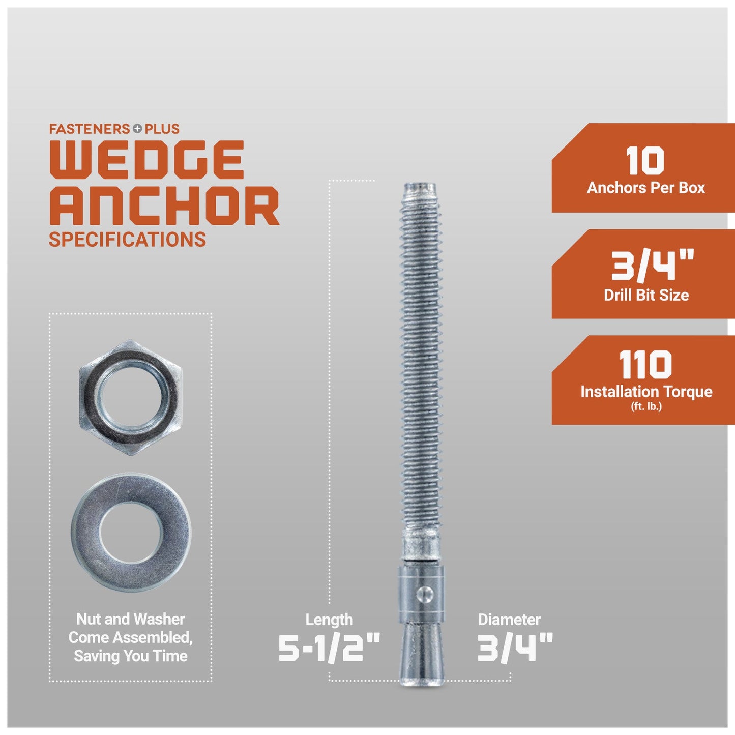3/4" x 5-1/2" Red Head Trubolt Wedge Anchor, Zinc, Pkg 10 Dimensions