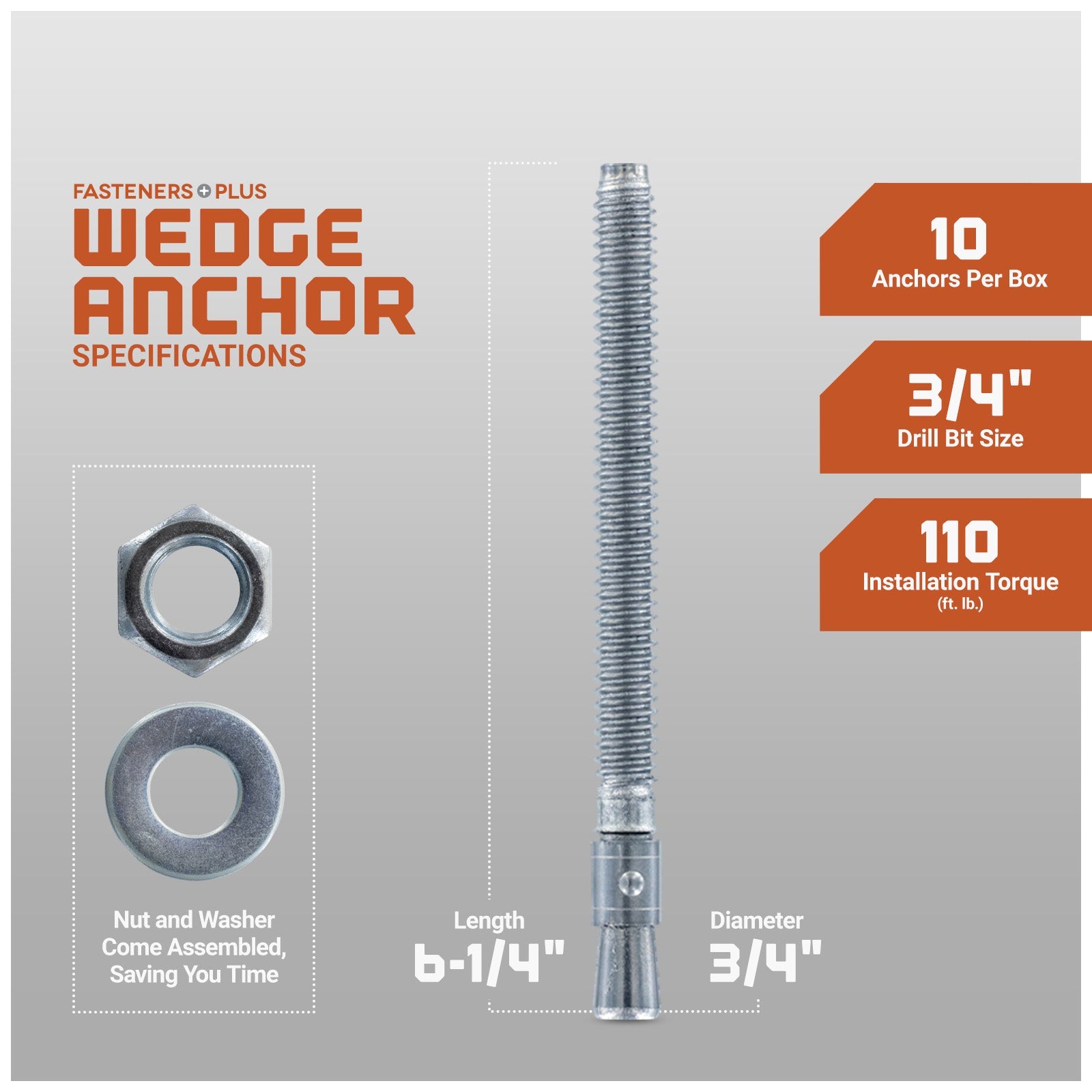 3/4" x 6-1/4" Red Head Trubolt Wedge Anchor, Pkg 10 Dimensions