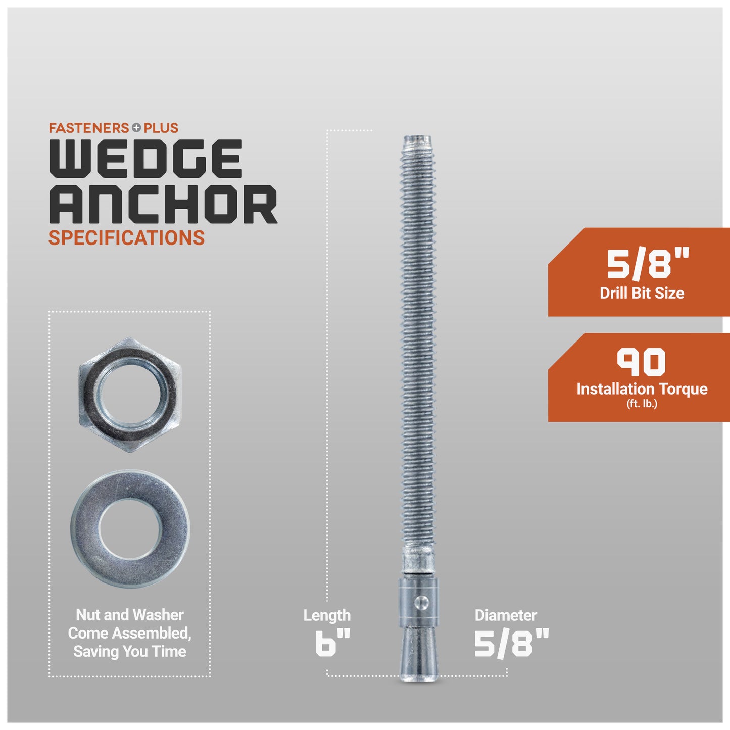 wedge anchor specifications, nut and washer come assembled saving you time