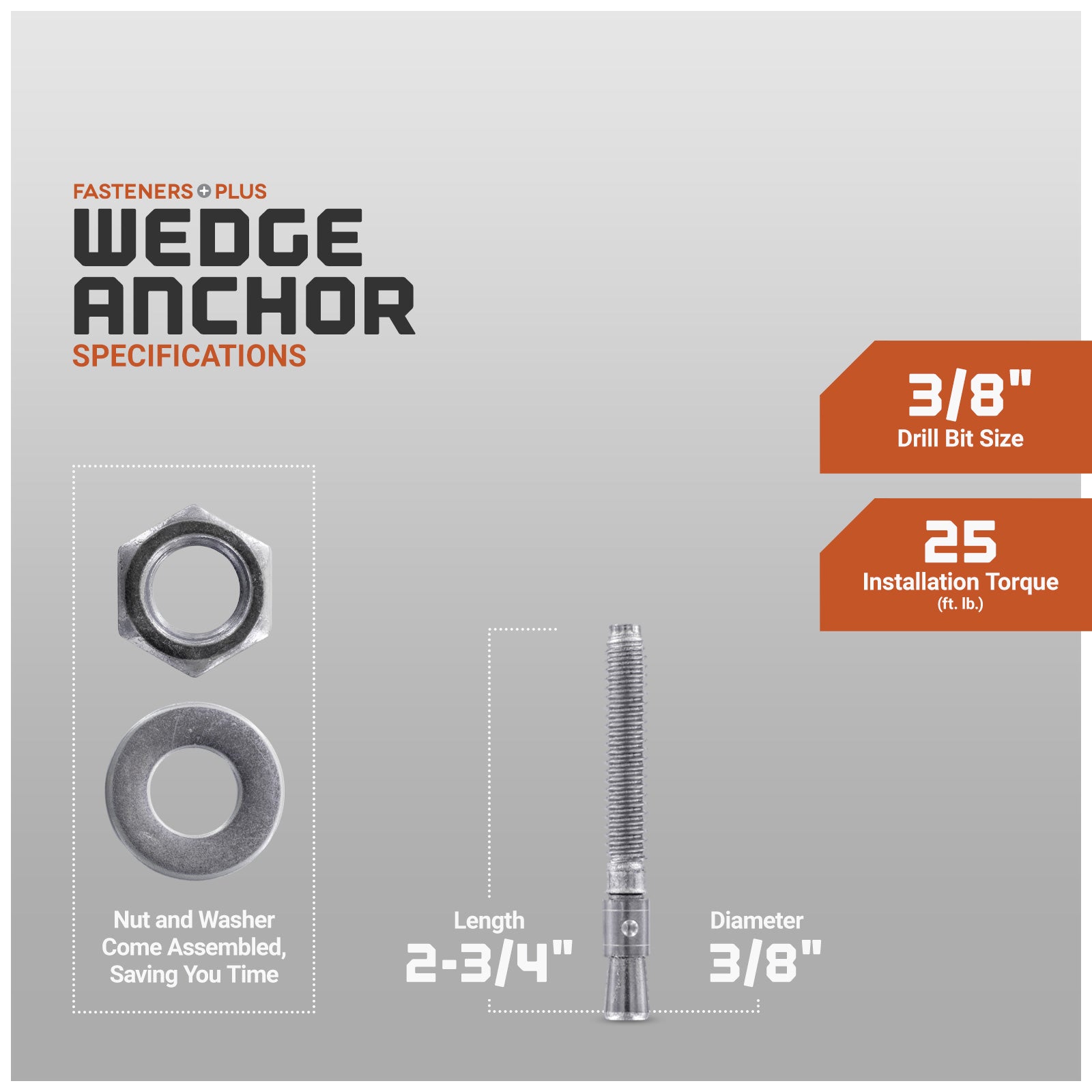wedge anchor specifications, nut and washer come assembled saving you time